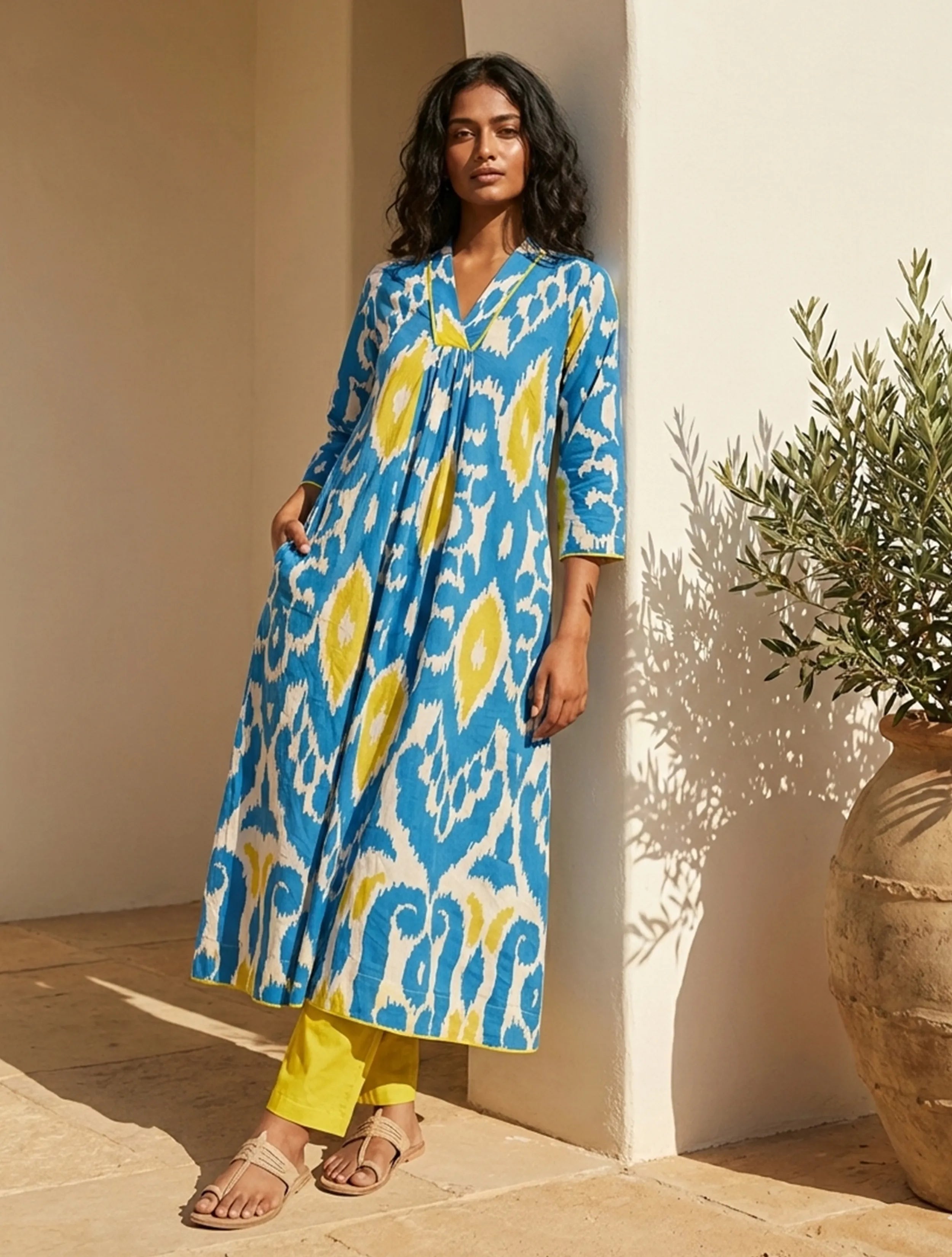 trueBrowns Blue Ikat Print Cotton A-Line Kurta Set