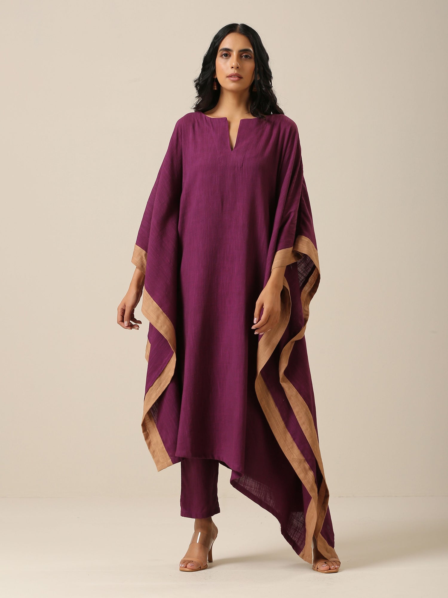 Plum Purple Slub Texture High Low Kaftan Pant Set