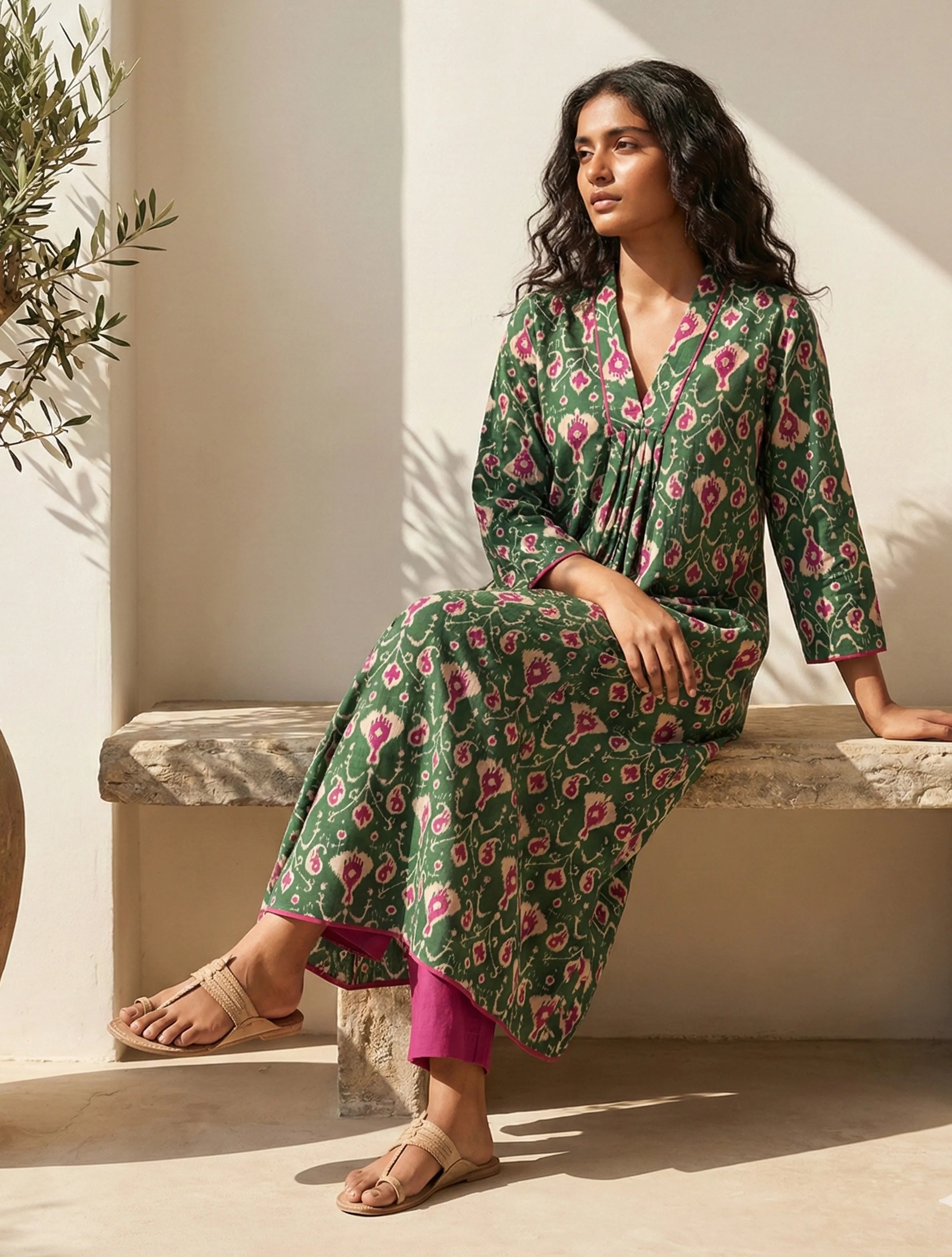 trueBrowns Green Pink Ikat Print Cotton A-Line Kurta Set