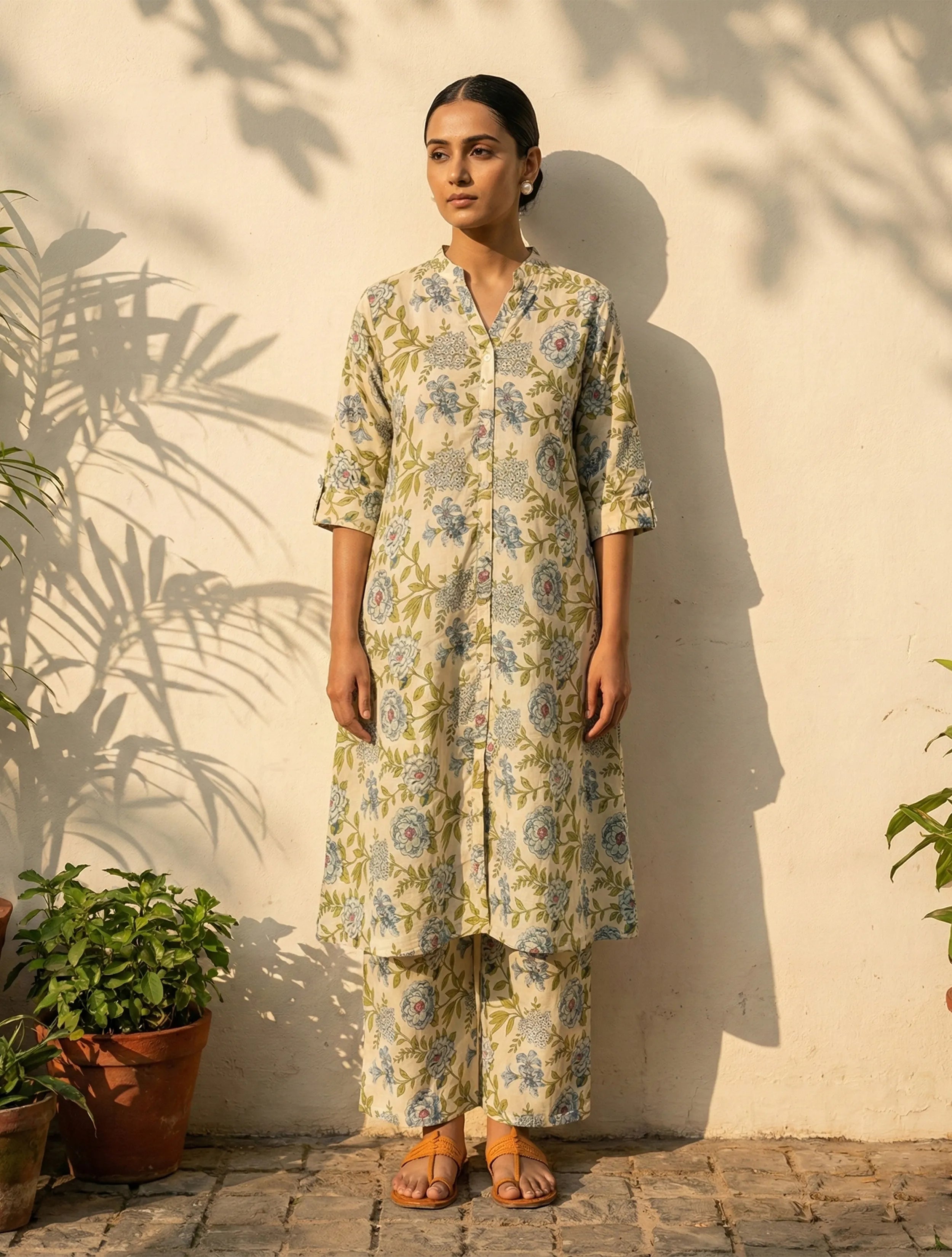trueBrowns Ivory Floral Print A-line Kurta Pant Set