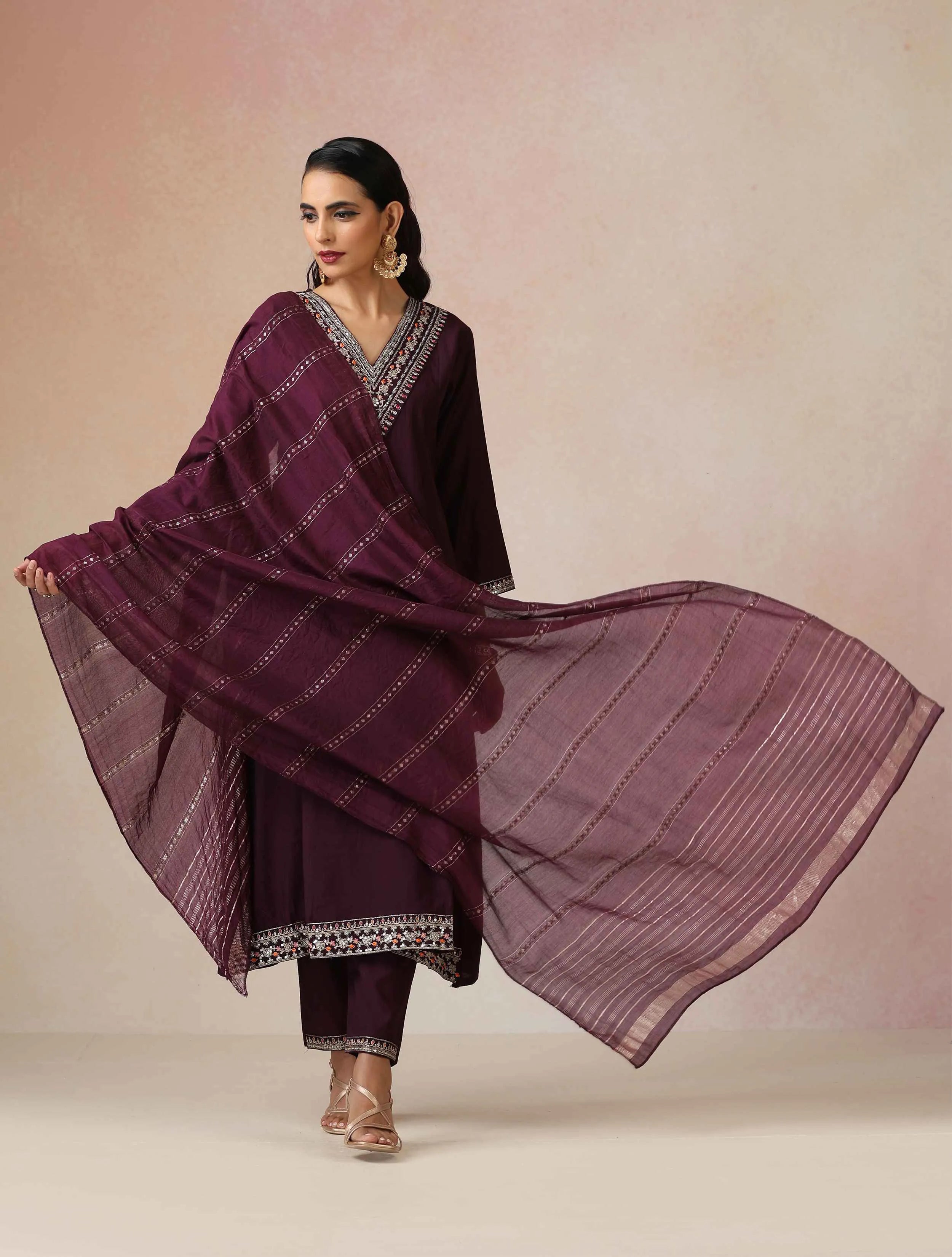 trueBrowns Purple Embroidered A-line Kurta 3pc Set