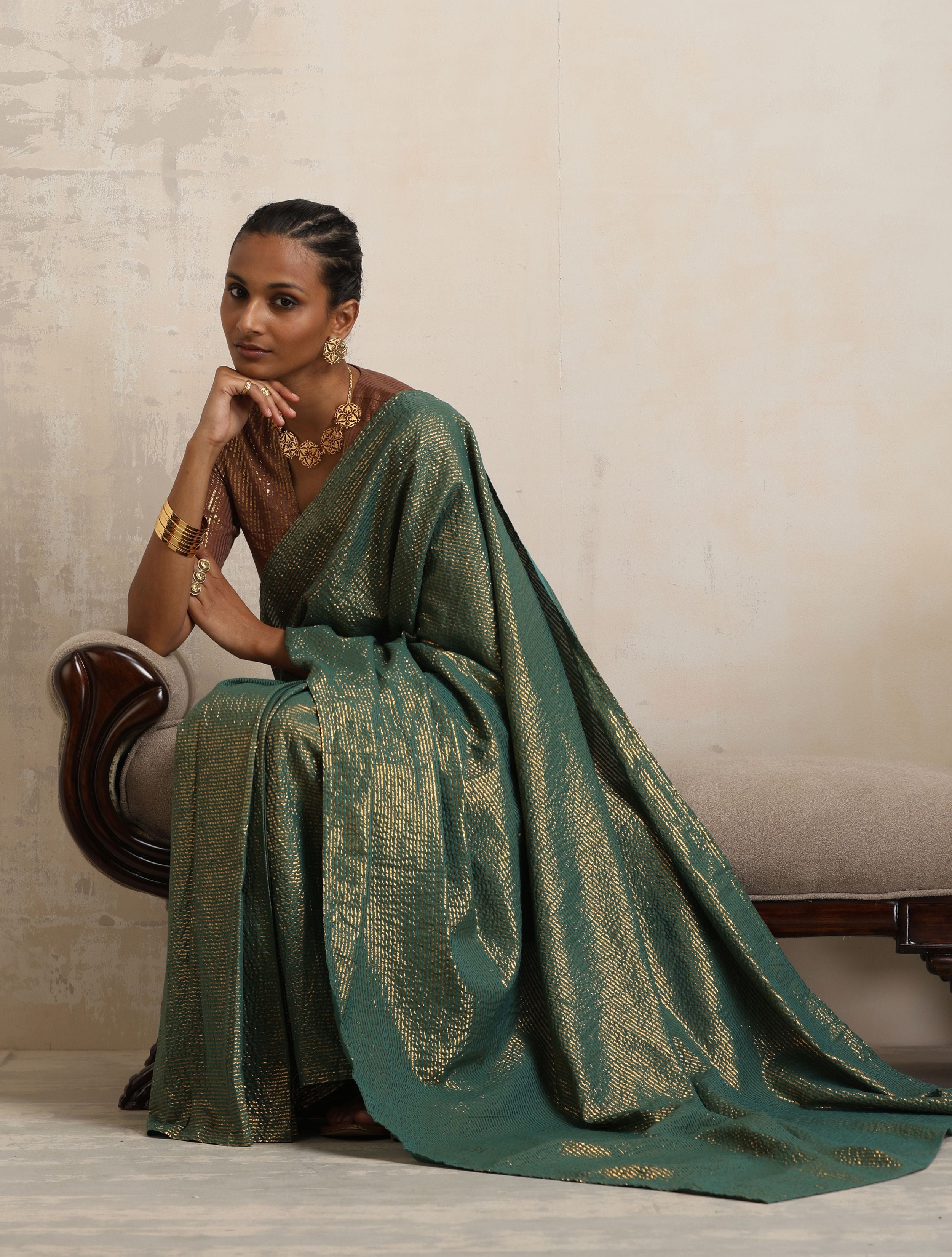 trueBrowns Dark Green Gold Lurex Saree
