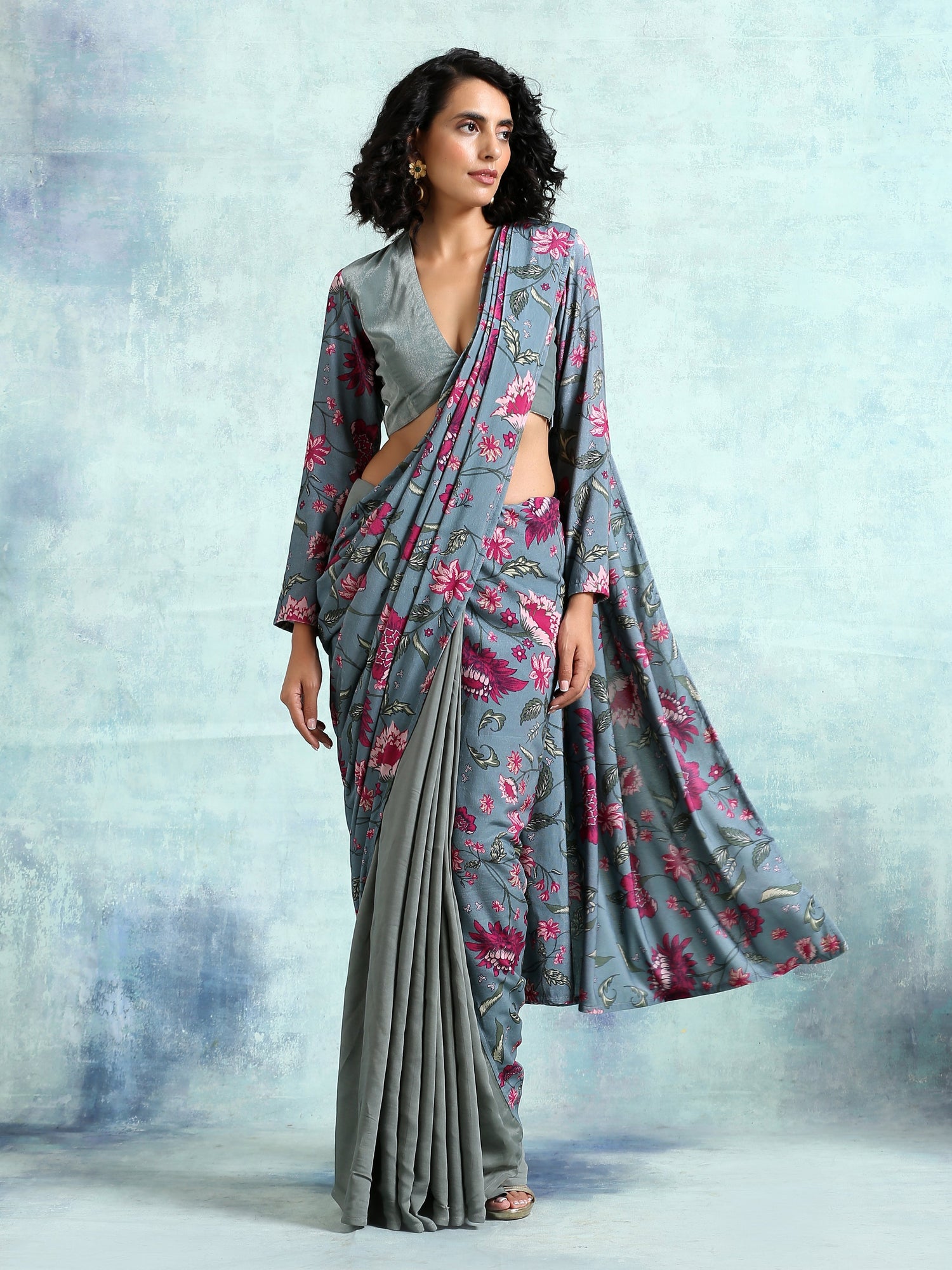 Grey Printed Velvet Ready To Wear Saree