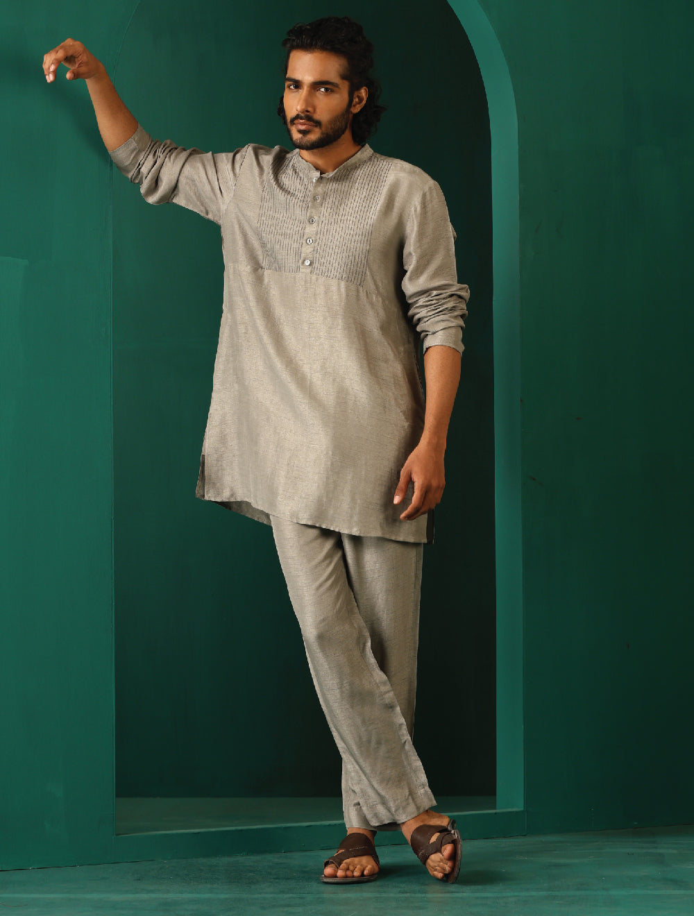 trueBrowns Men Grey Silk Co-ord Set Yoke Detail