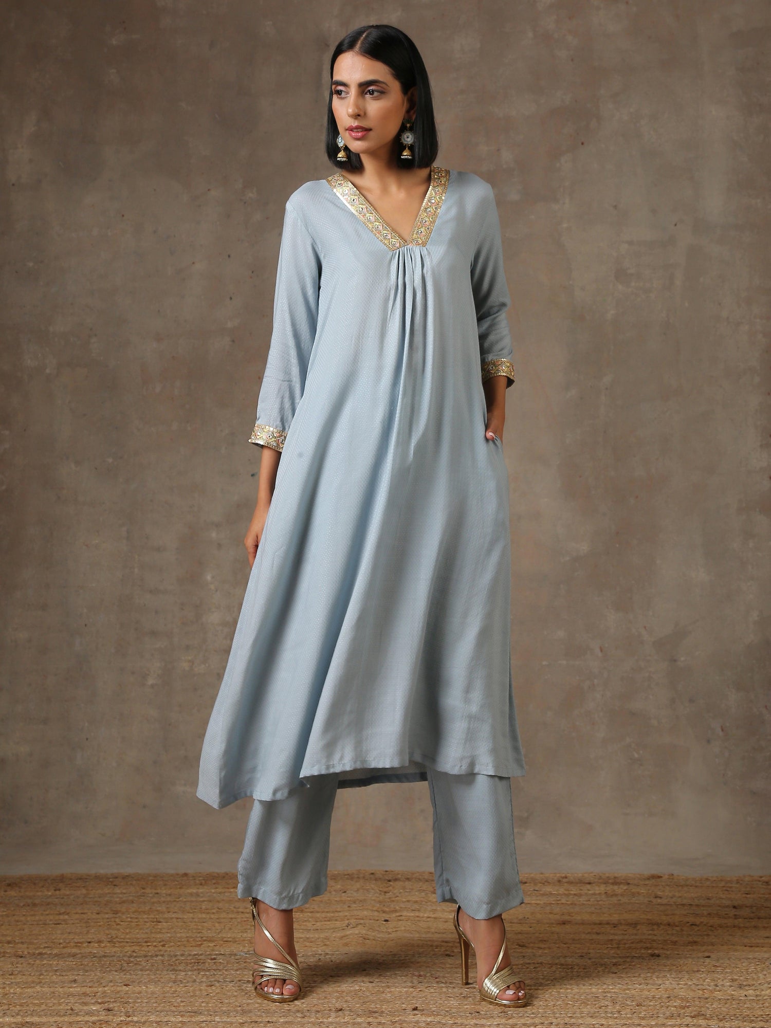 The Daphne - Light Blue Solid Textured Kurta Pant Set - trueBrowns