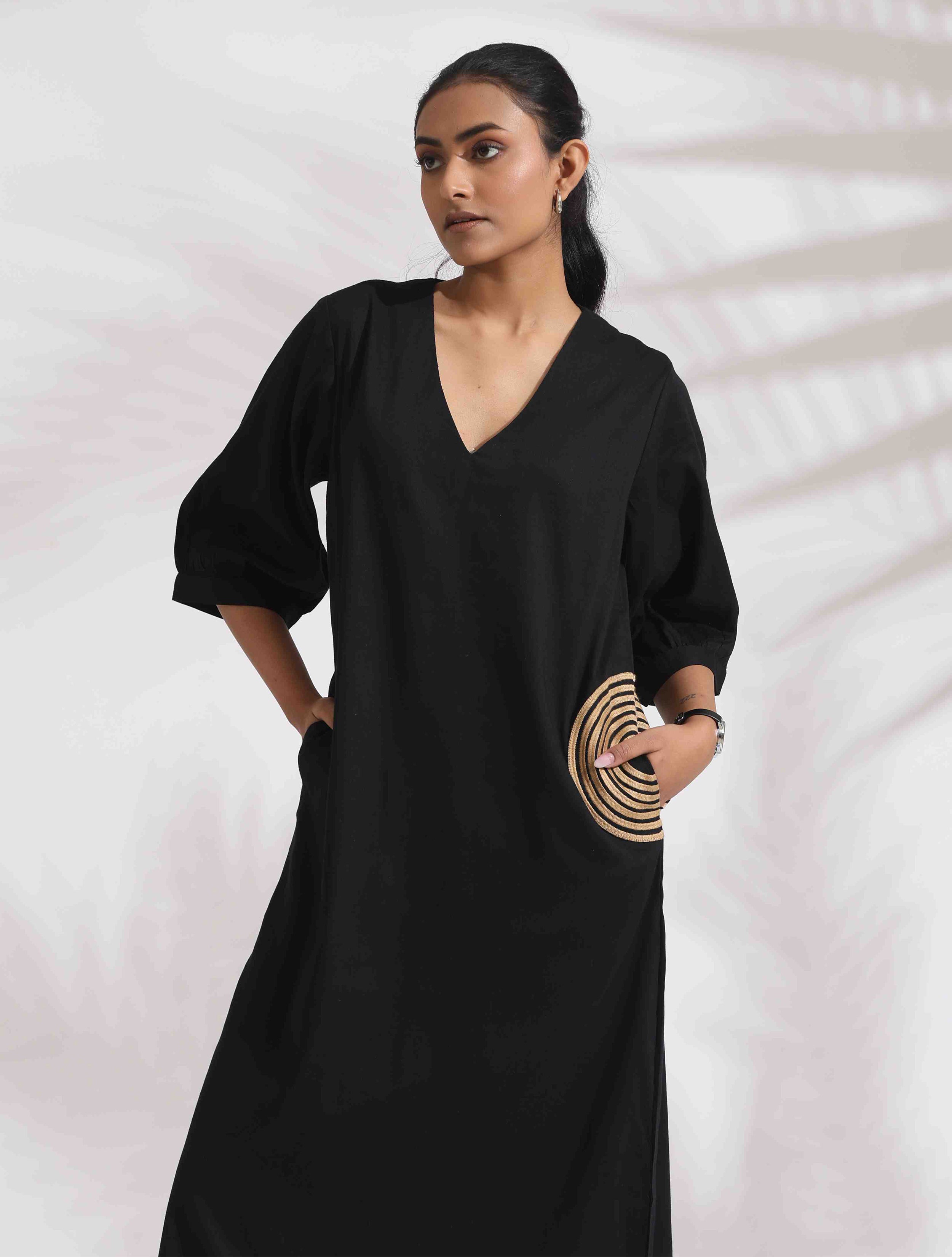 trueBrowns Black Cotton Embroidered Dress