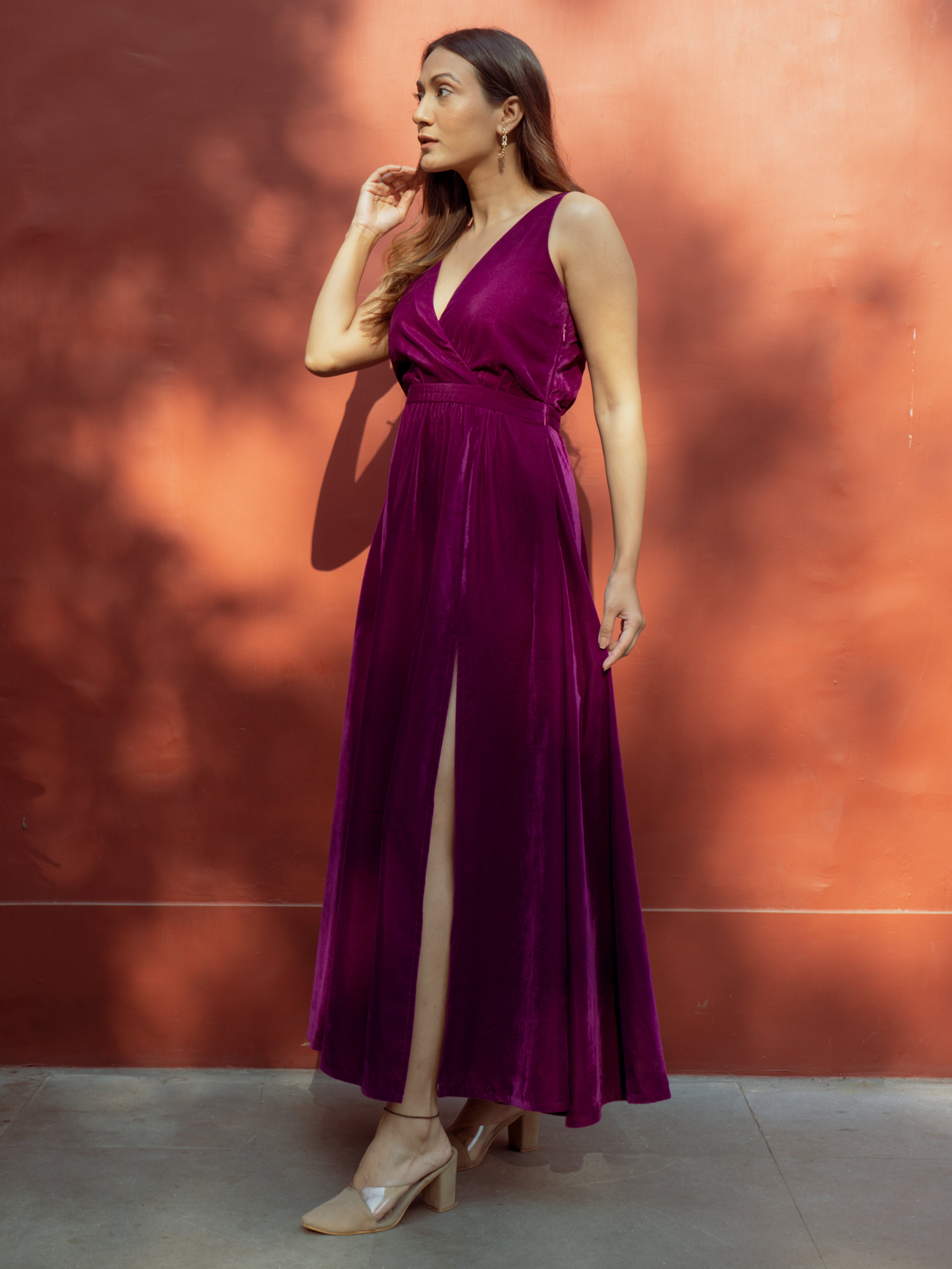 Wine Velvet Sleeveless Dress - Main Image