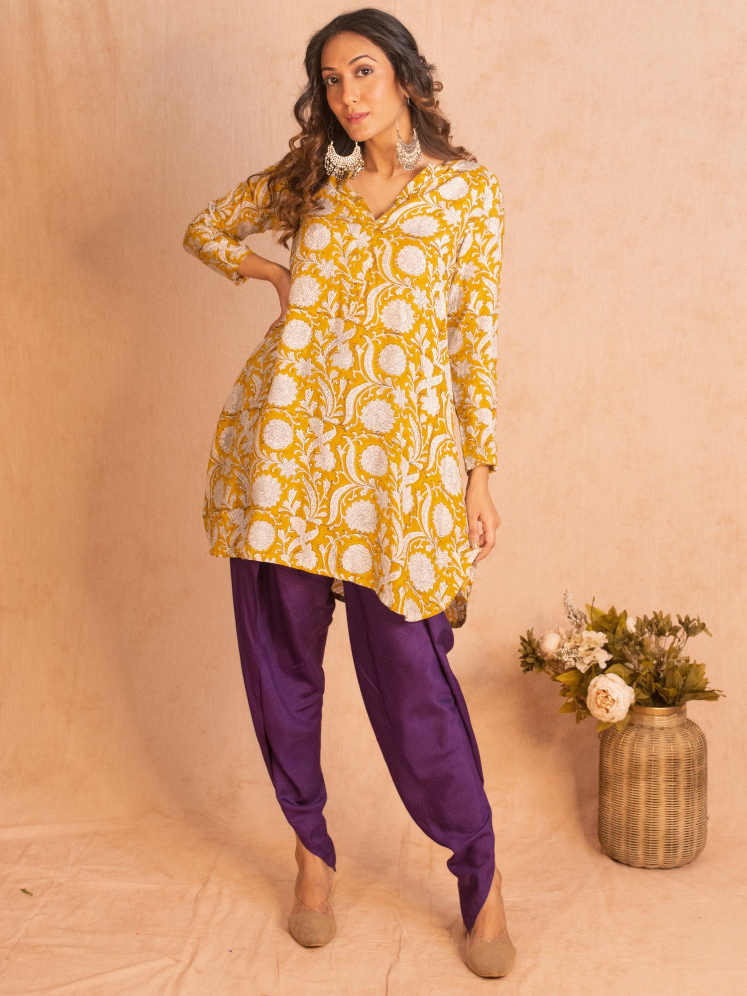 Yellow Hand Block Printed Short Silk Kurta Dhoti Pant Set - trueBrowns