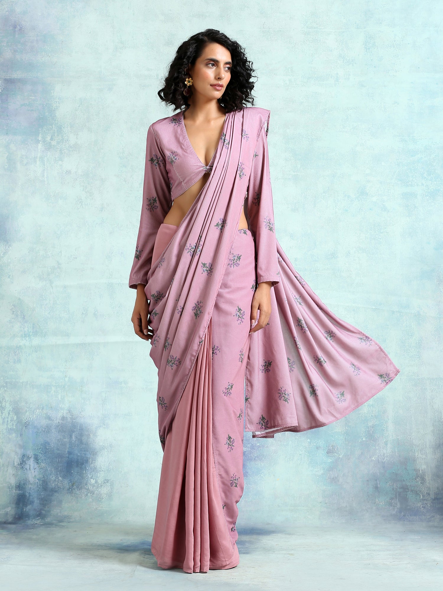 Light Mauve Printed Velvet Ready To Wear Saree