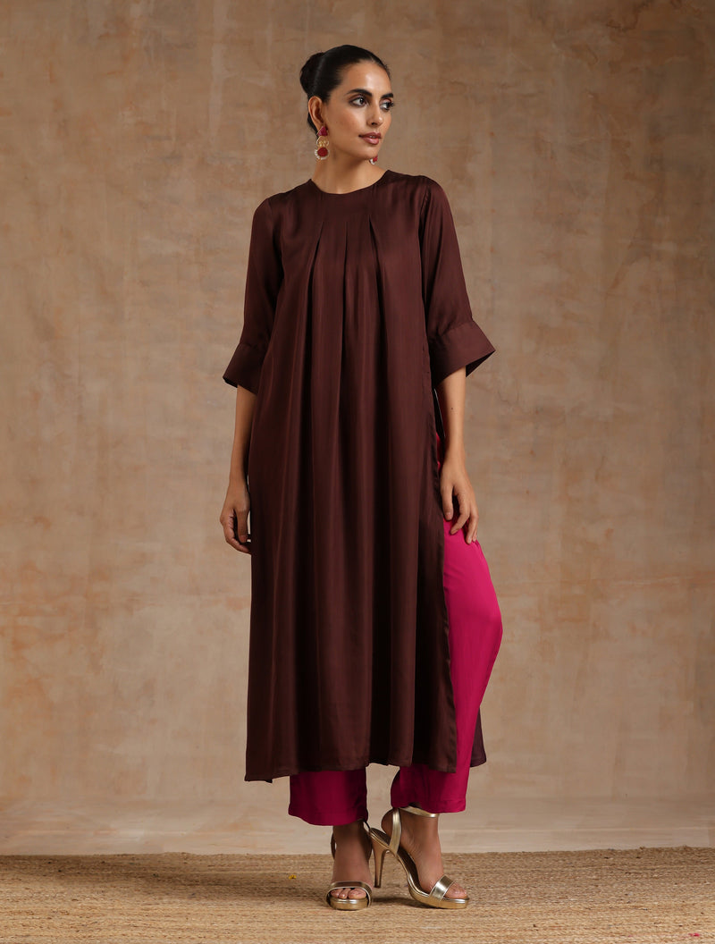 Cola Brown Modal Neck Pleat Kurta Set