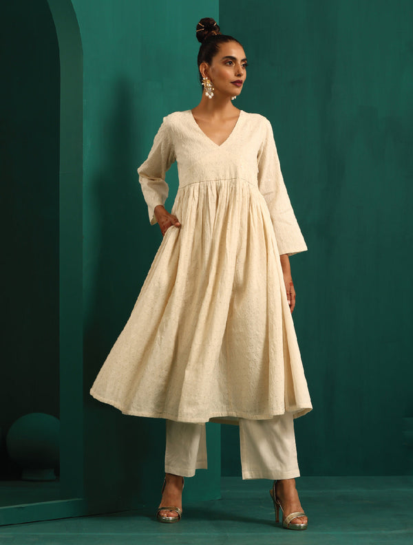 trueBrowns Ivory Tonal Cotton Anarkali Kurta Pant Set