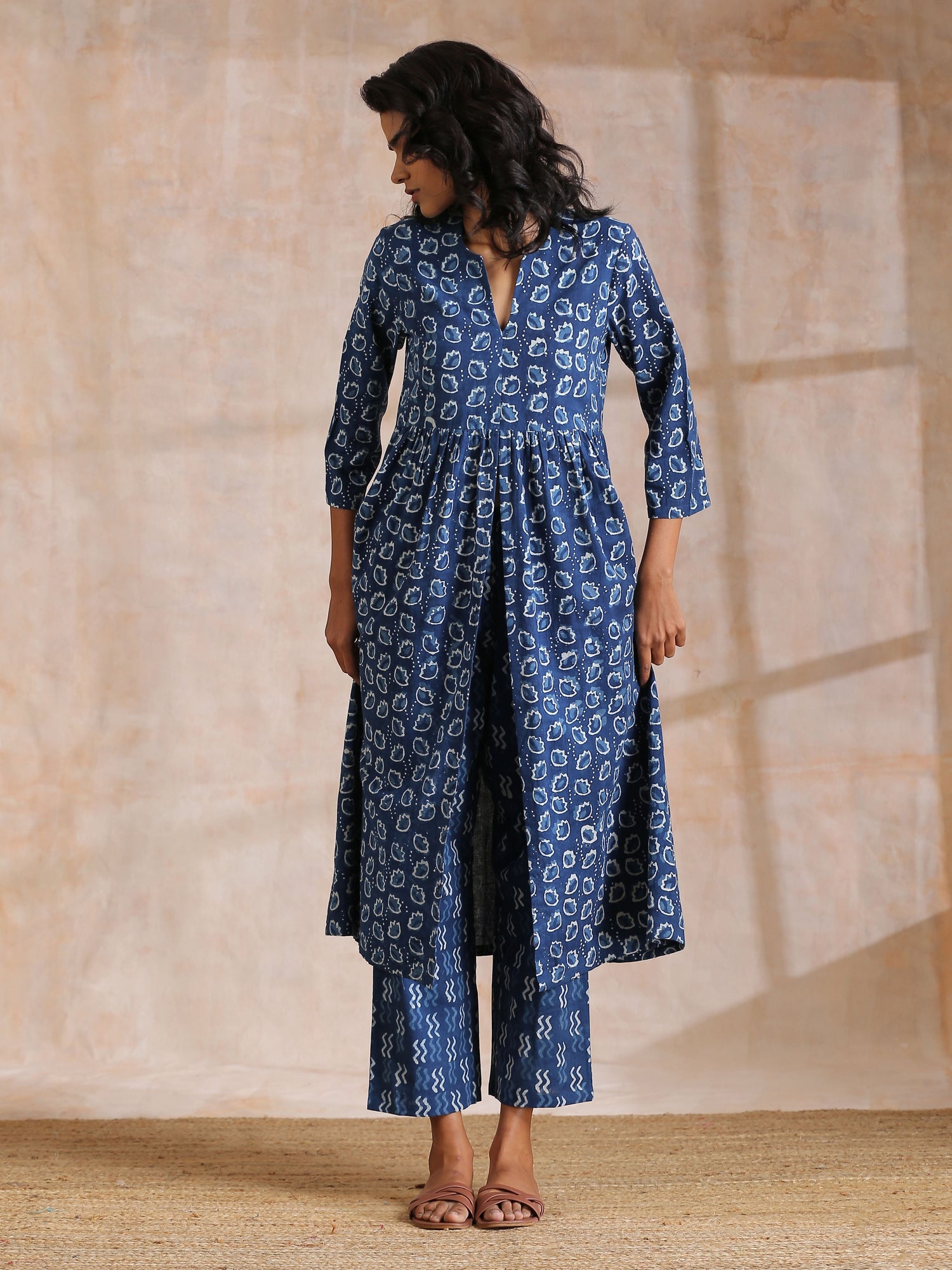 Indigo Dabu Floral Print Cotton Kurta Pant Set
