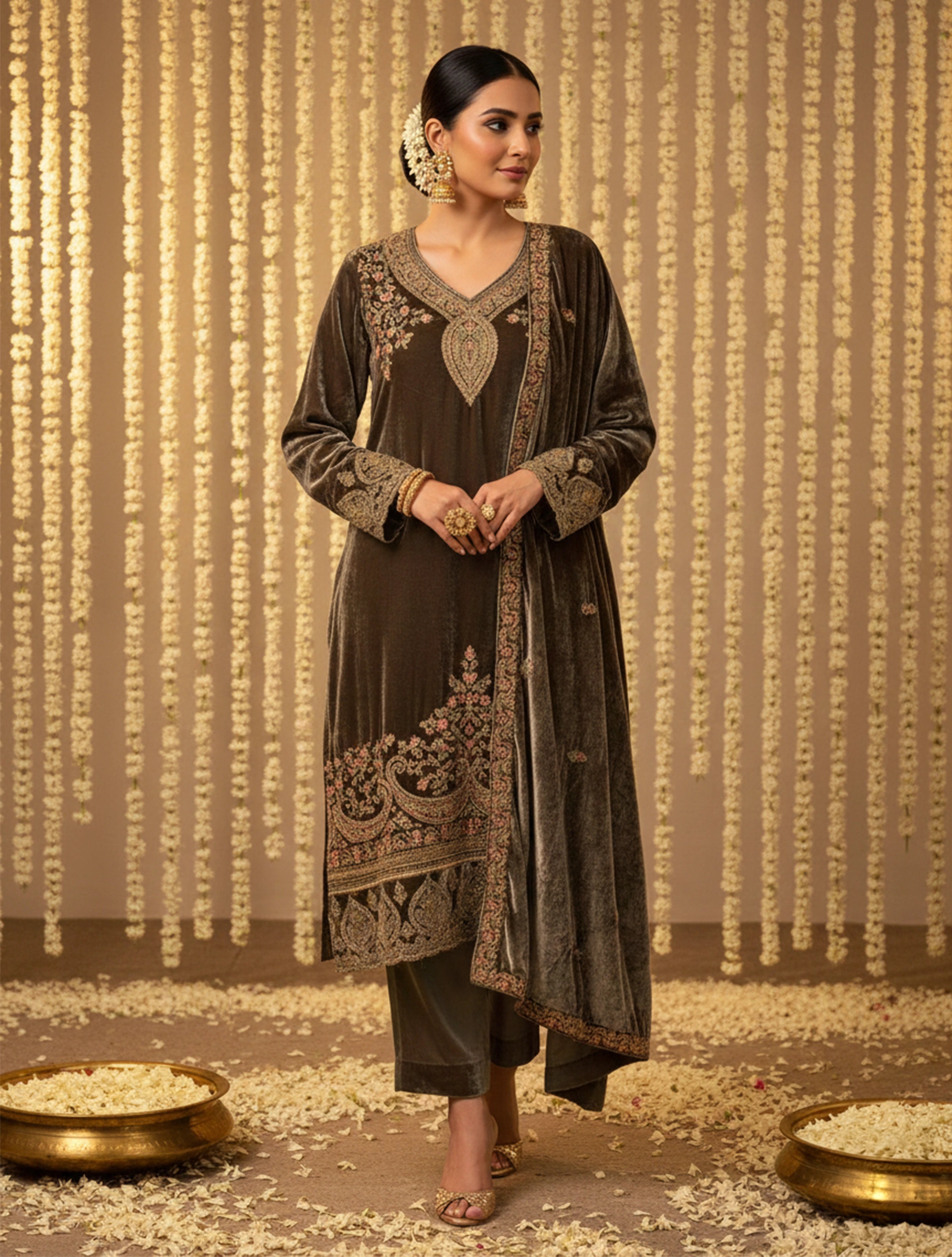 trueBrowns Brown Velvet Embroidered Chogha Pants Dupatta Set