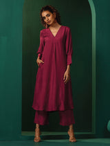 trueBrowns Purple Silk Puff Sleeve Kurta Pant Set