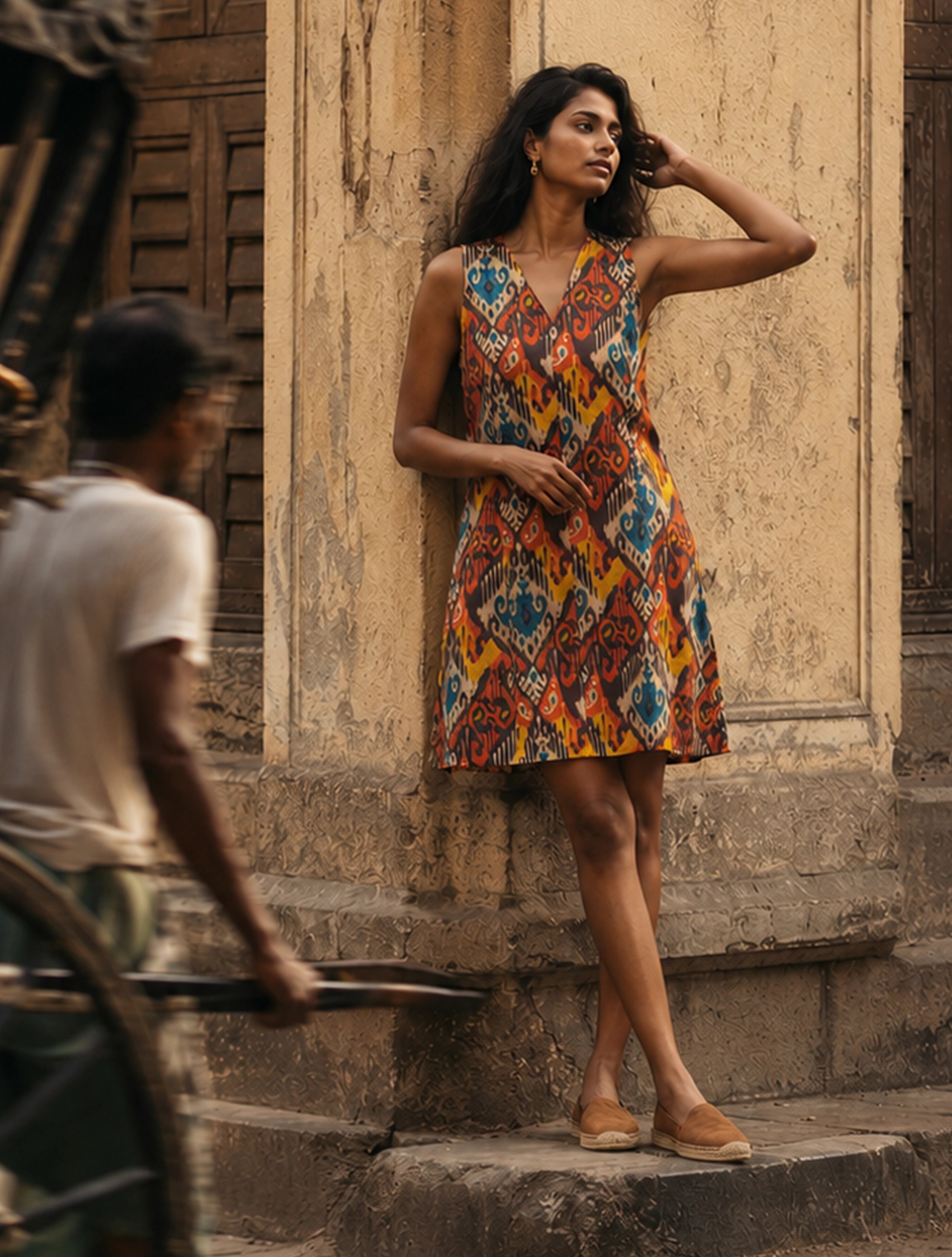 trueBrowns Multicolour Ikat Print Cotton Poplin Sleeveless Short Dress