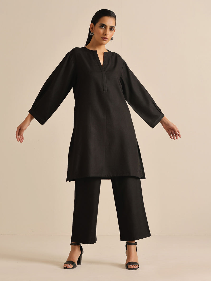 Black Slub Relaxed Placket Co-Ord Set
