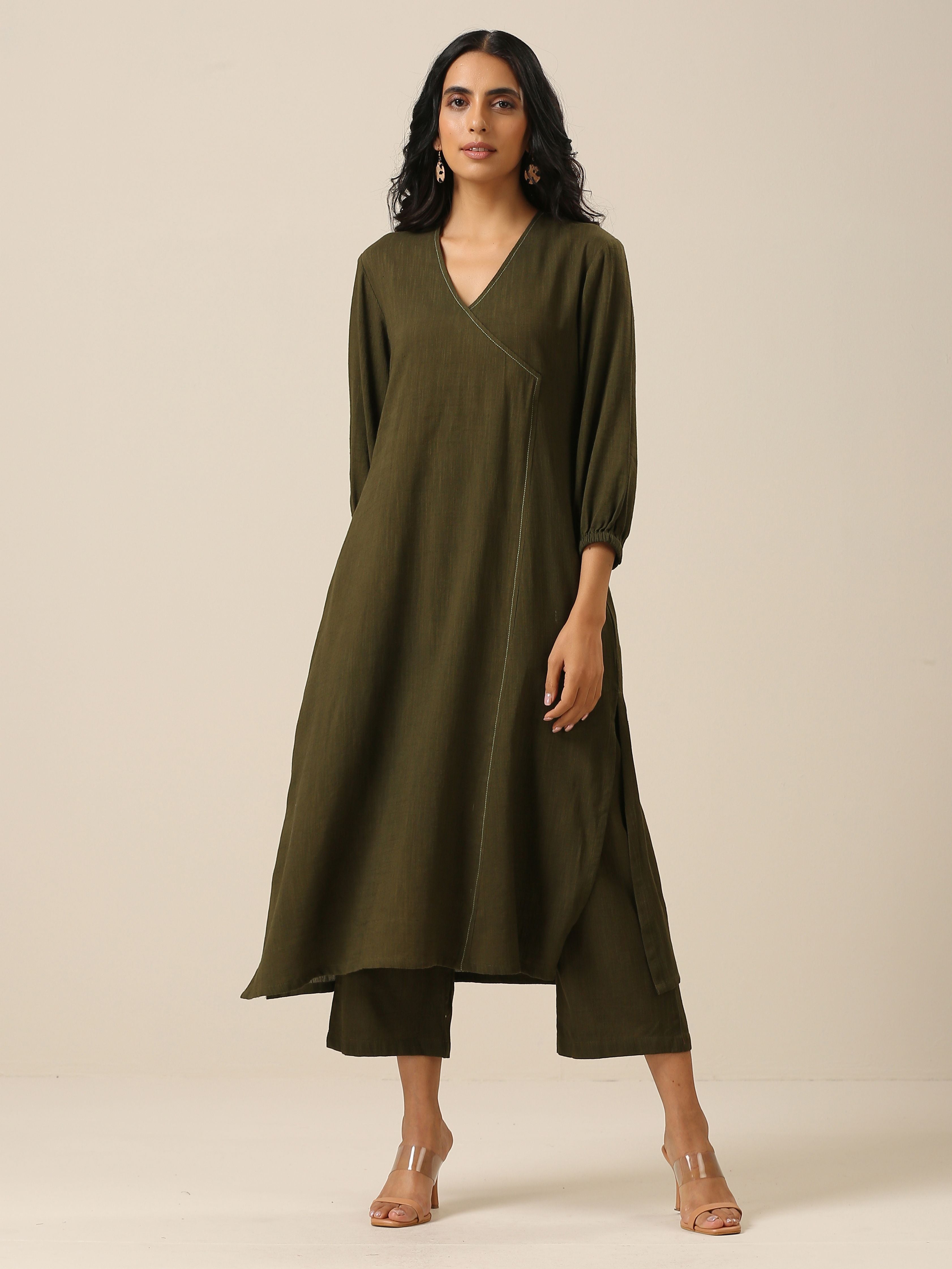 Olive Green Slub Texture Kurta Pant Set