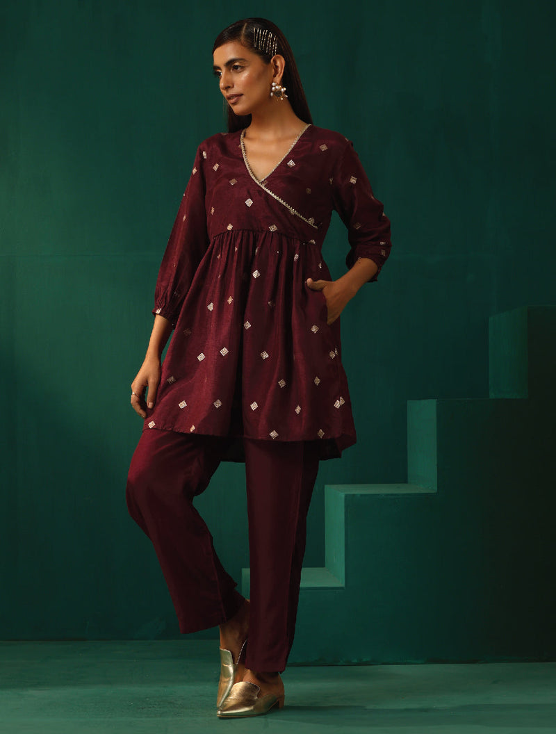 trueBrowns Wine Diamond Viscose Silk Overlap Co-ord Set