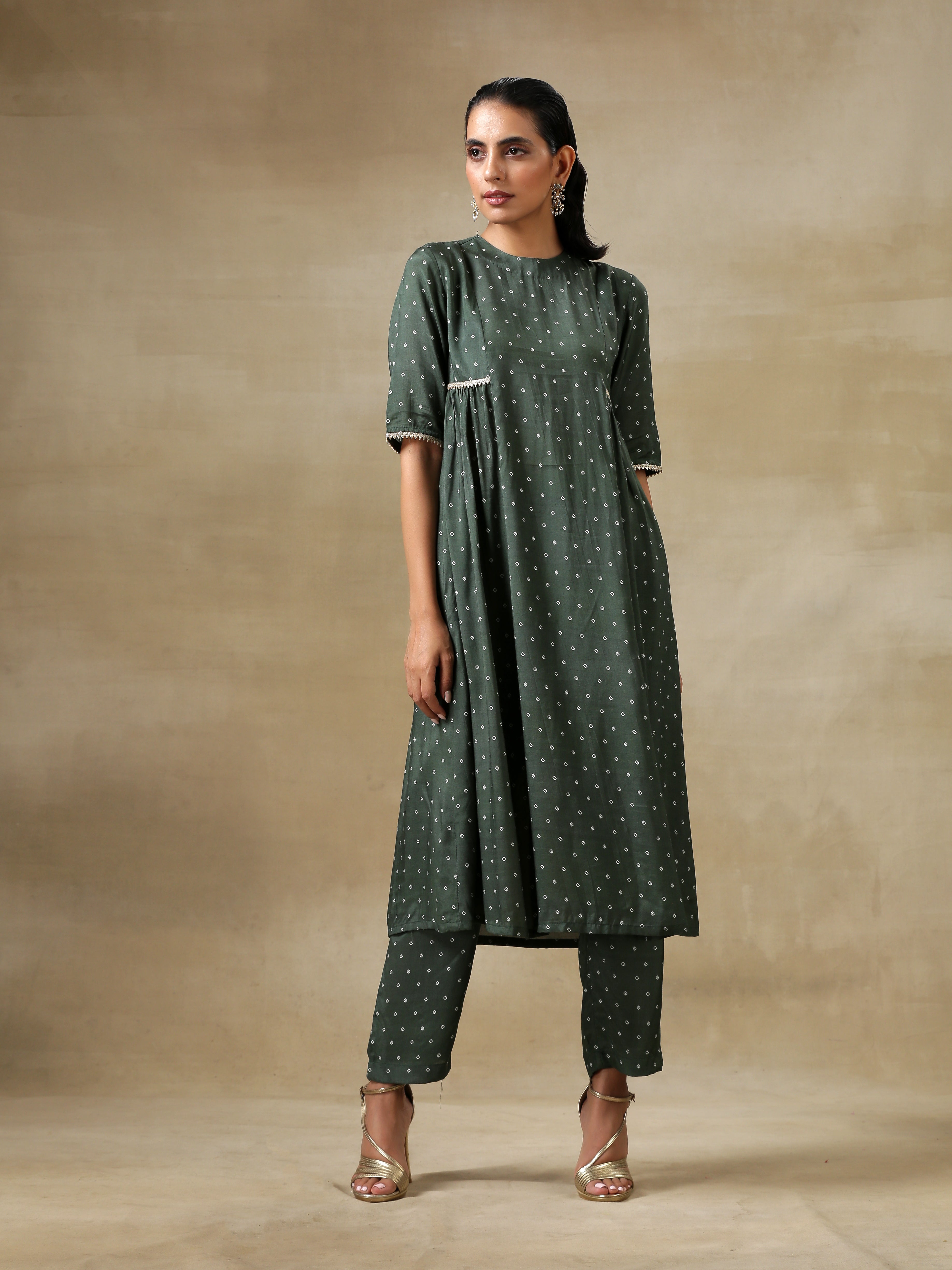 Dark Green Bandhani Printed Silk Side Gathered Kurta Pant Set