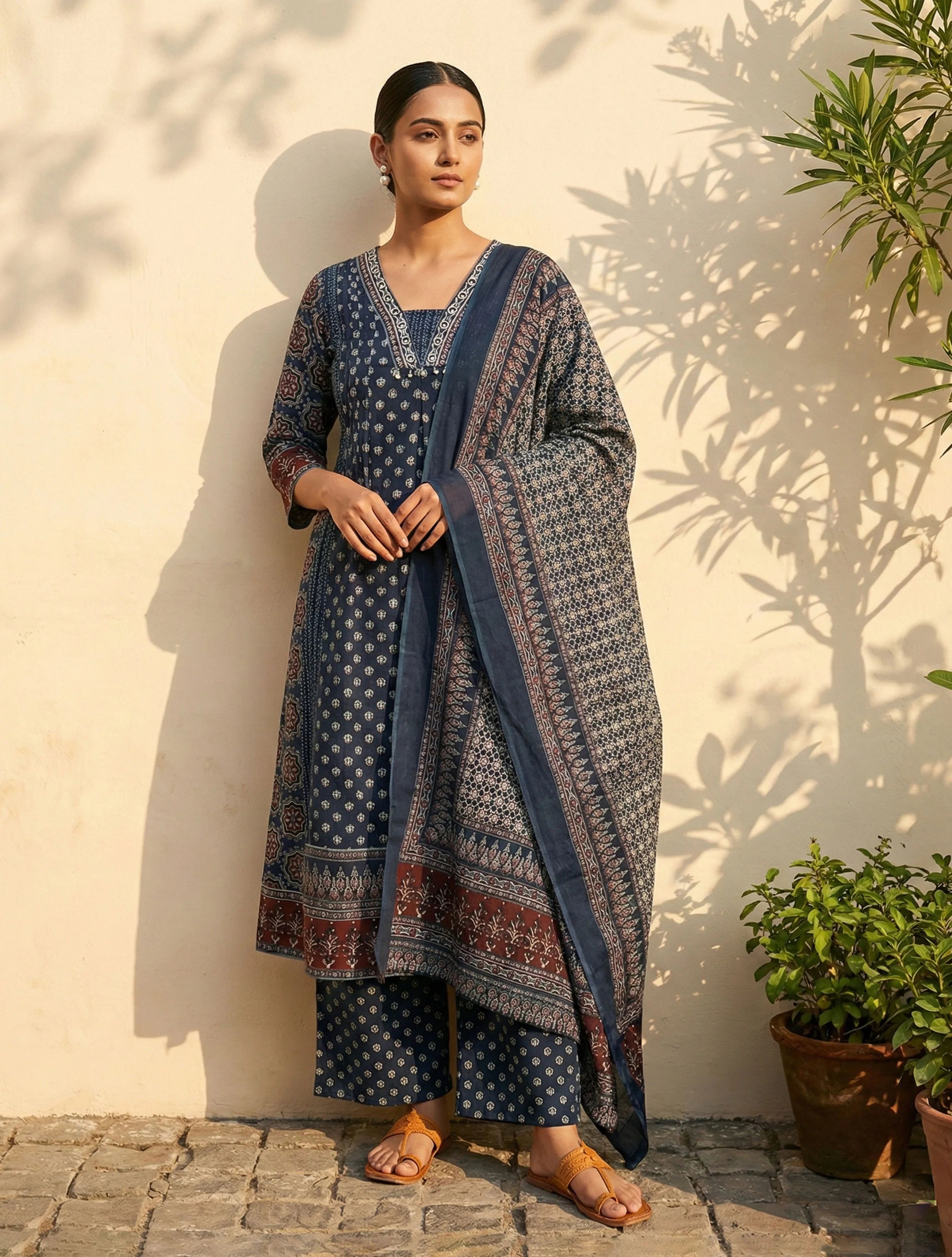 trueBrowns Blue Printed Kurta Pant Dupatta Set
