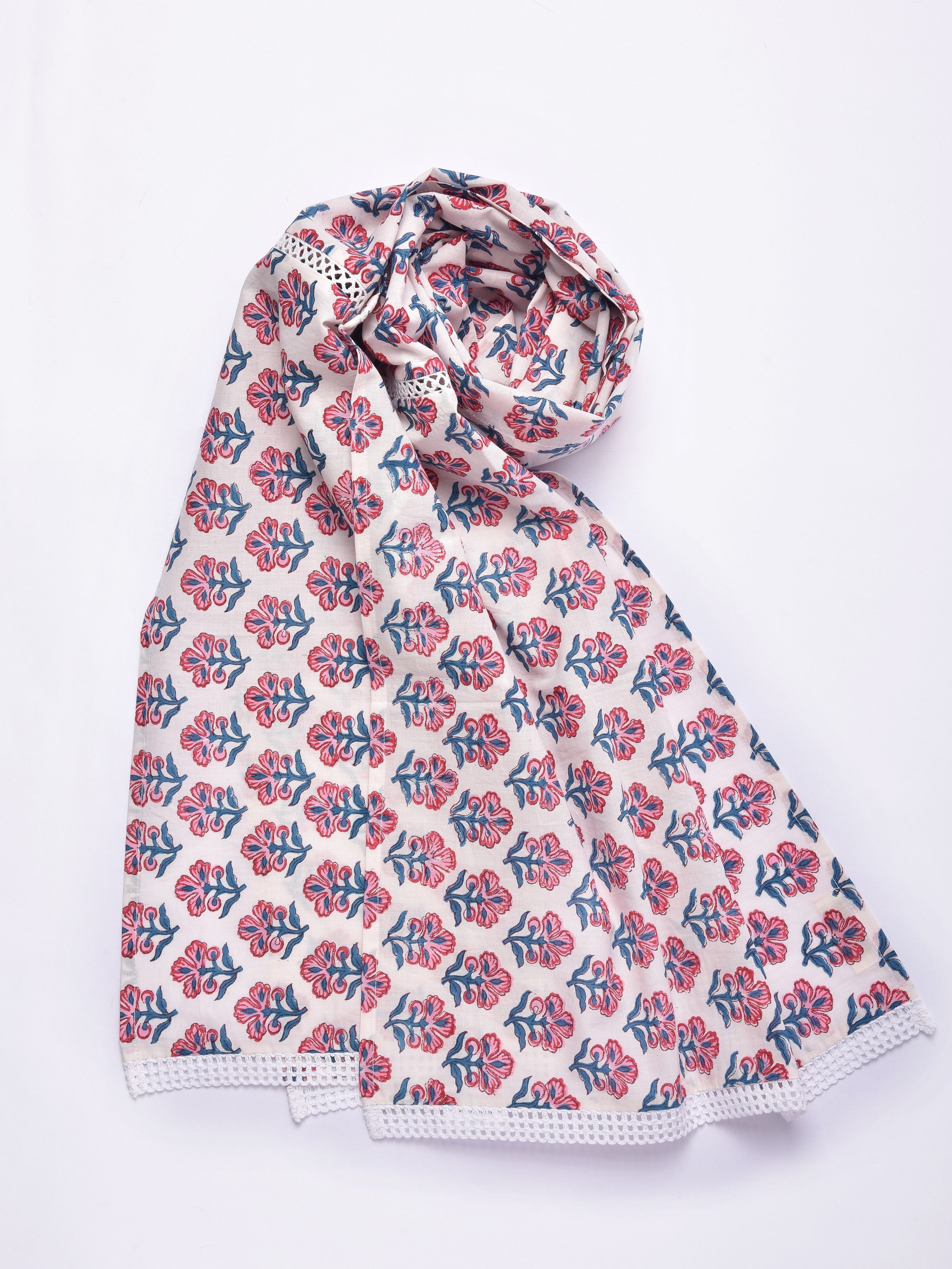 White Pink Floral Block Print Cotton Stole