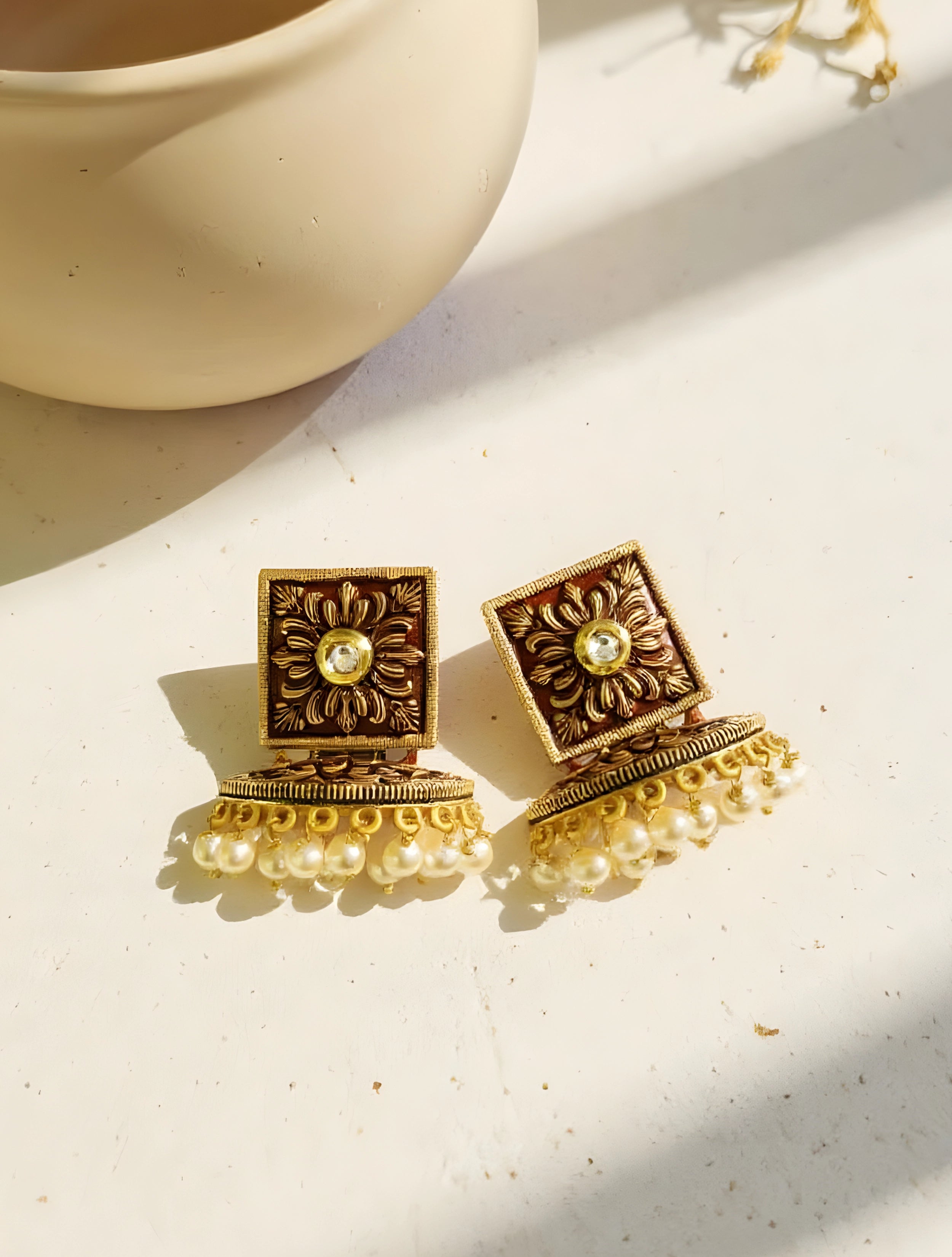 trueBrowns Red Enamel With Pearl Square Earrings