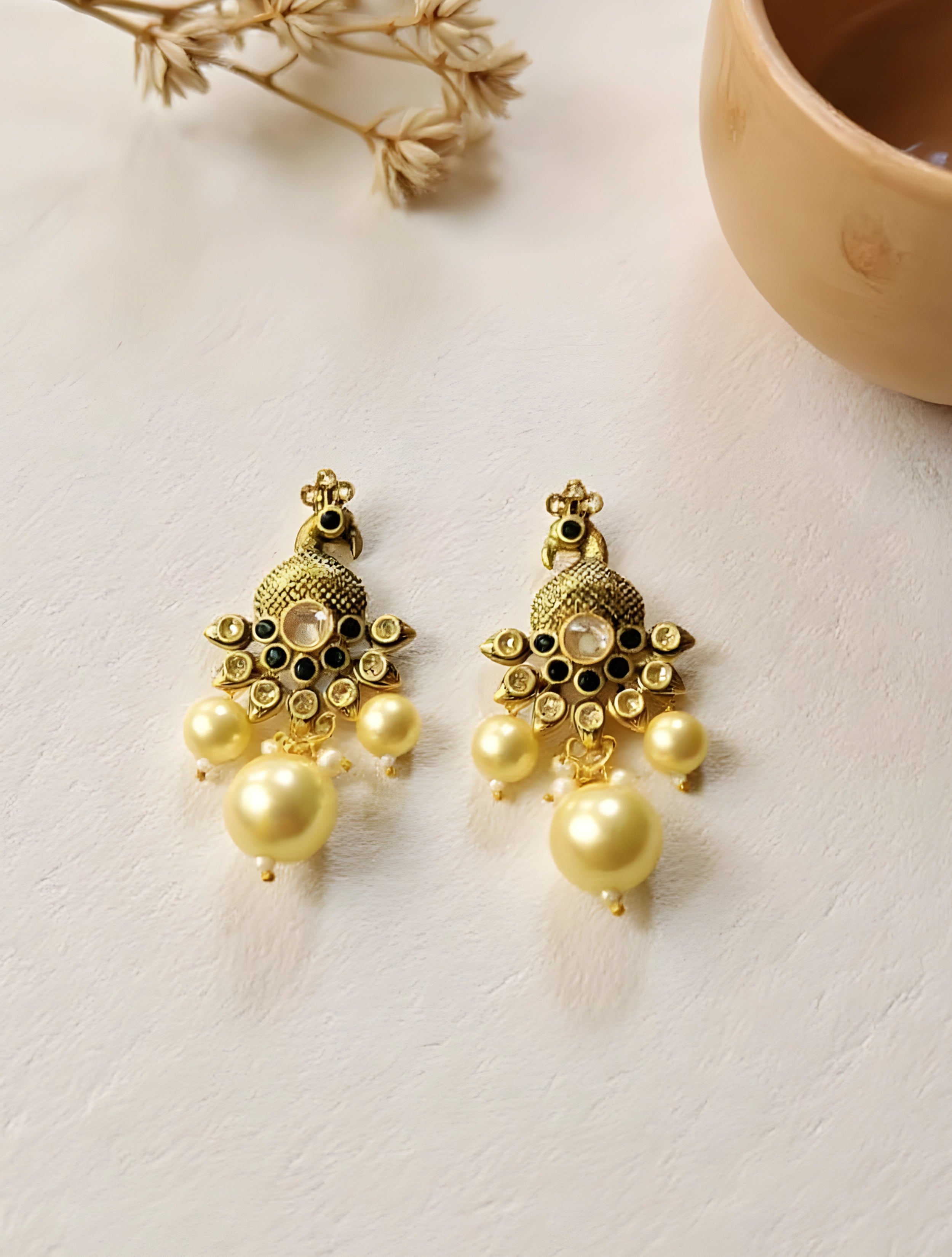 trueBrowns Gold Peacock Pearl Earrings