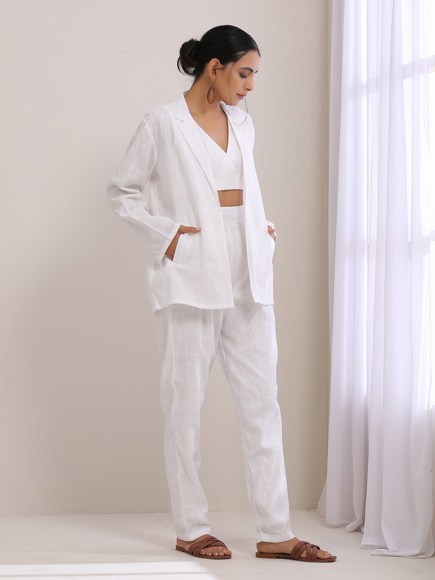 White Slub Texture Pant Suit Set
