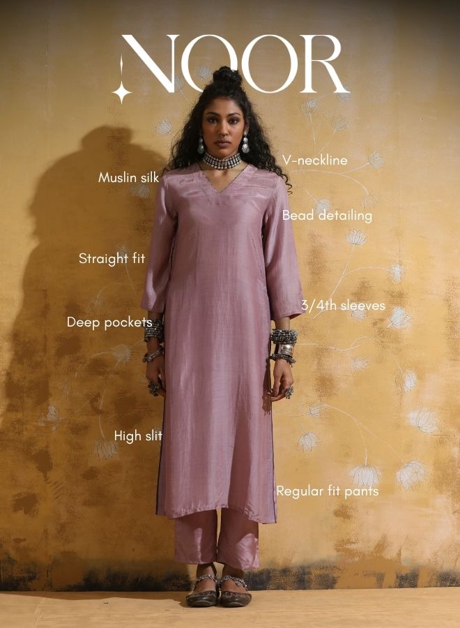 trueBrowns Lilac Muslin Silk High-Slit Kurta Pant Set