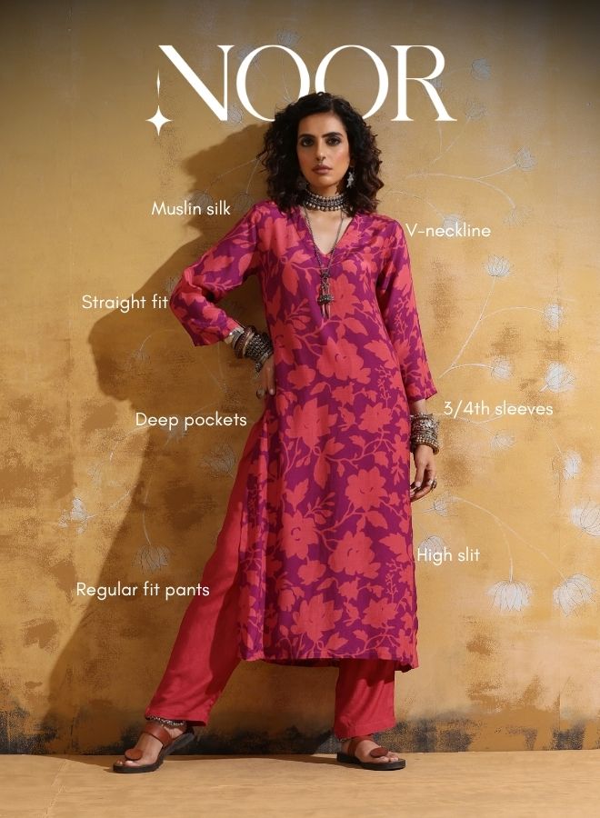 trueBrowns Purple Peach Jaal Print Muslin Silk High-Slit Kurta Set