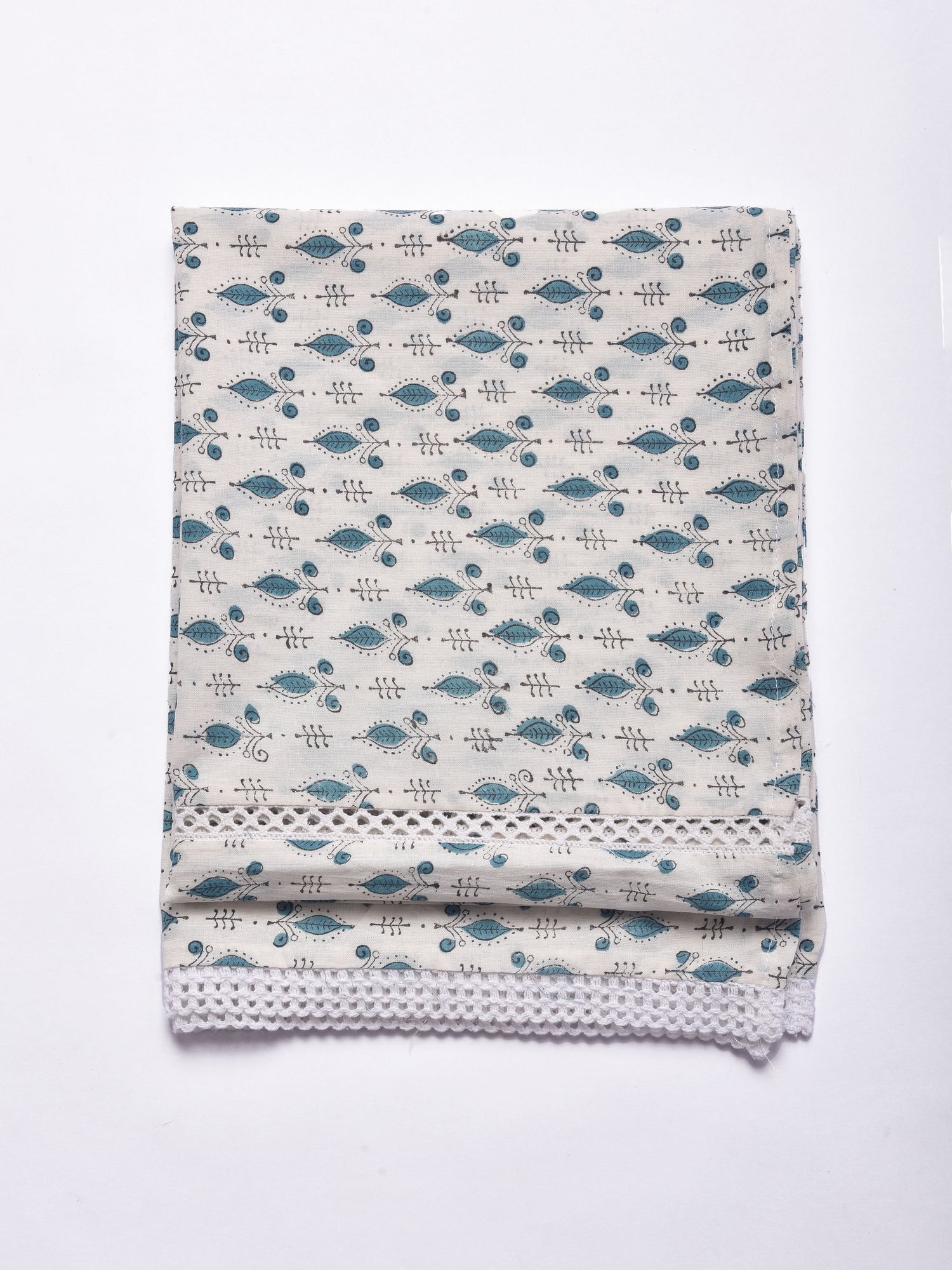 White Teal Buta Block Print Cotton Stole