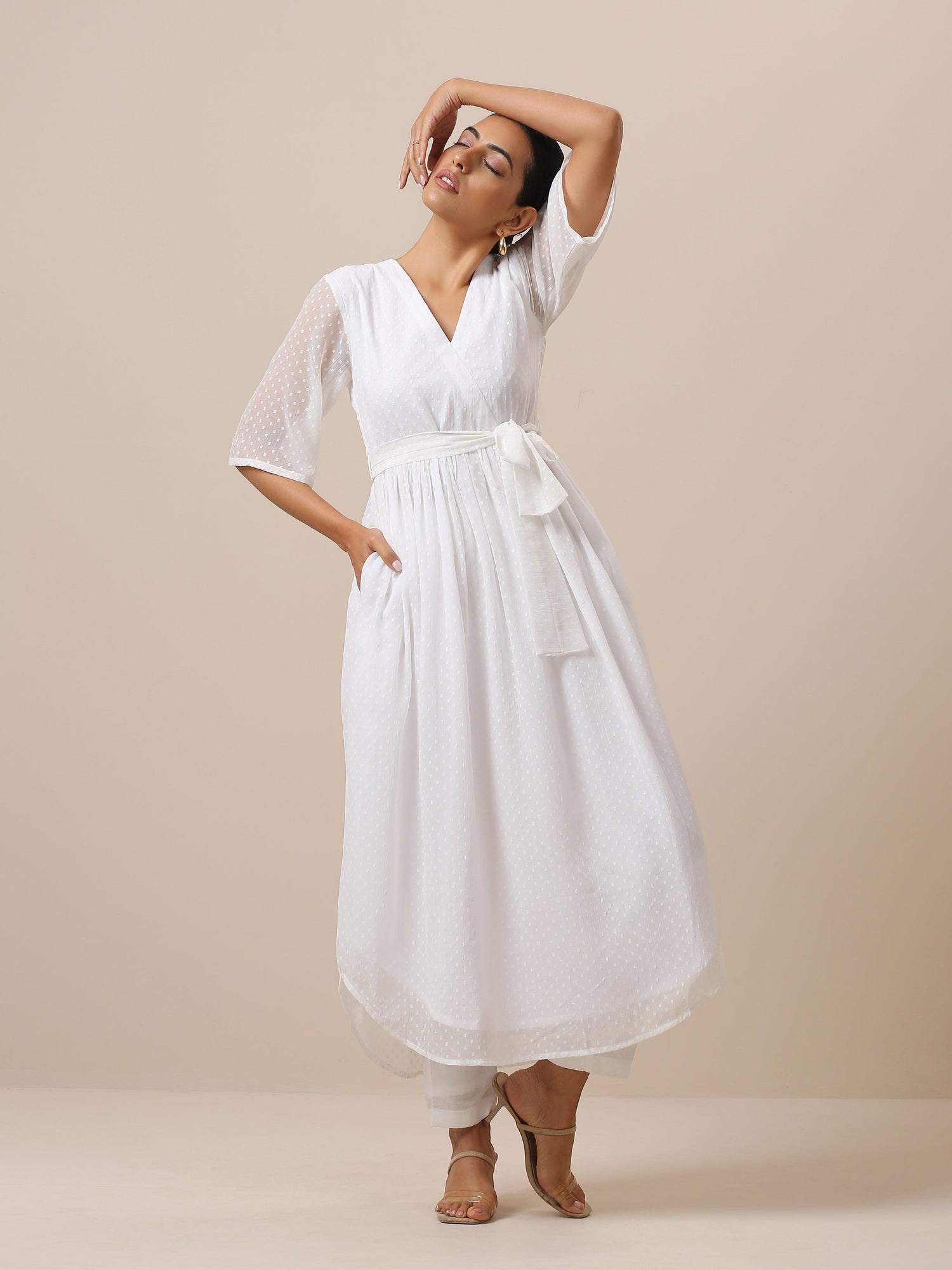 Chiffon White Dobby Wrap Kurta Pant Set - trueBrowns