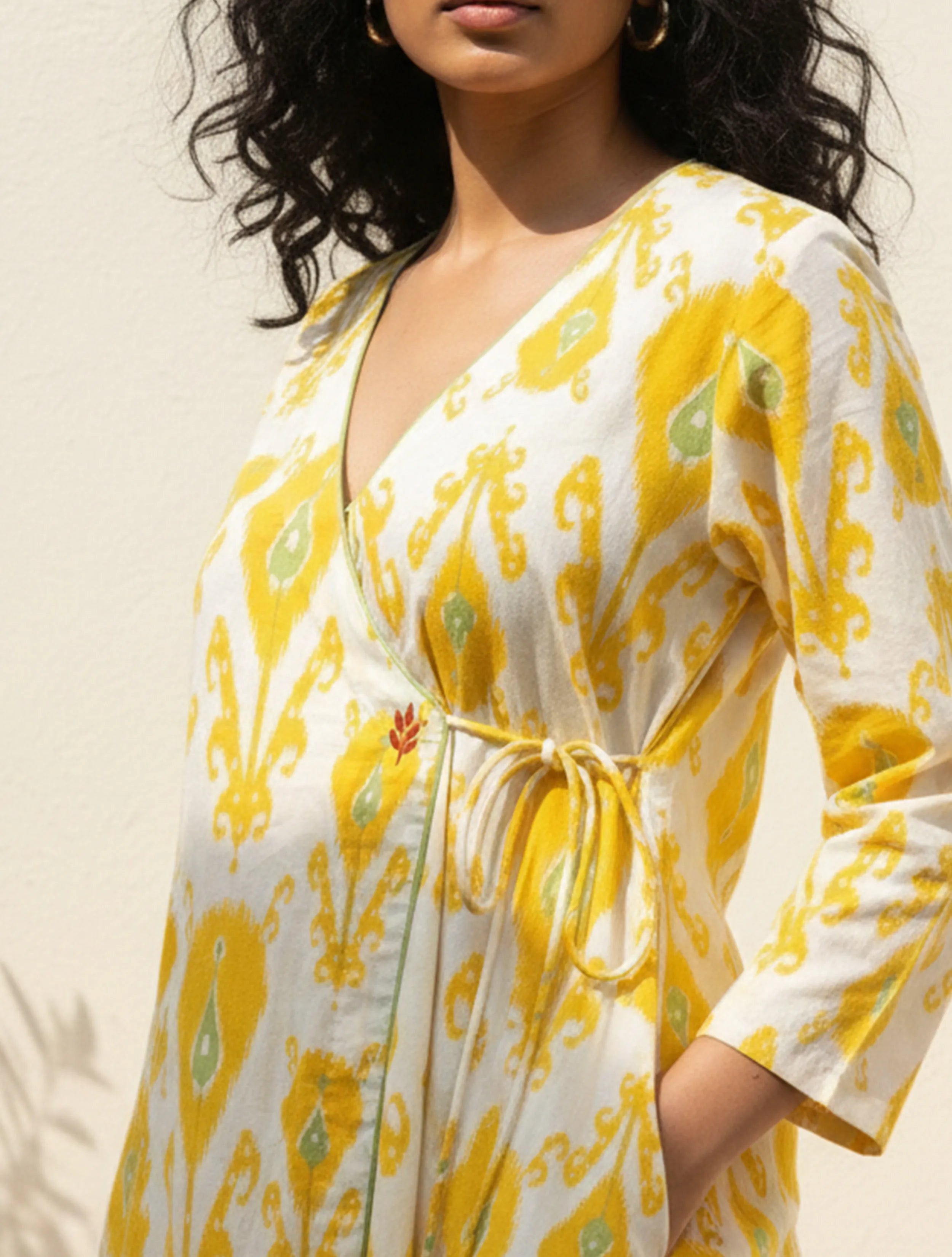  trueBrowns White Yellow Ikat Print Cotton Angrakha Kurta Set