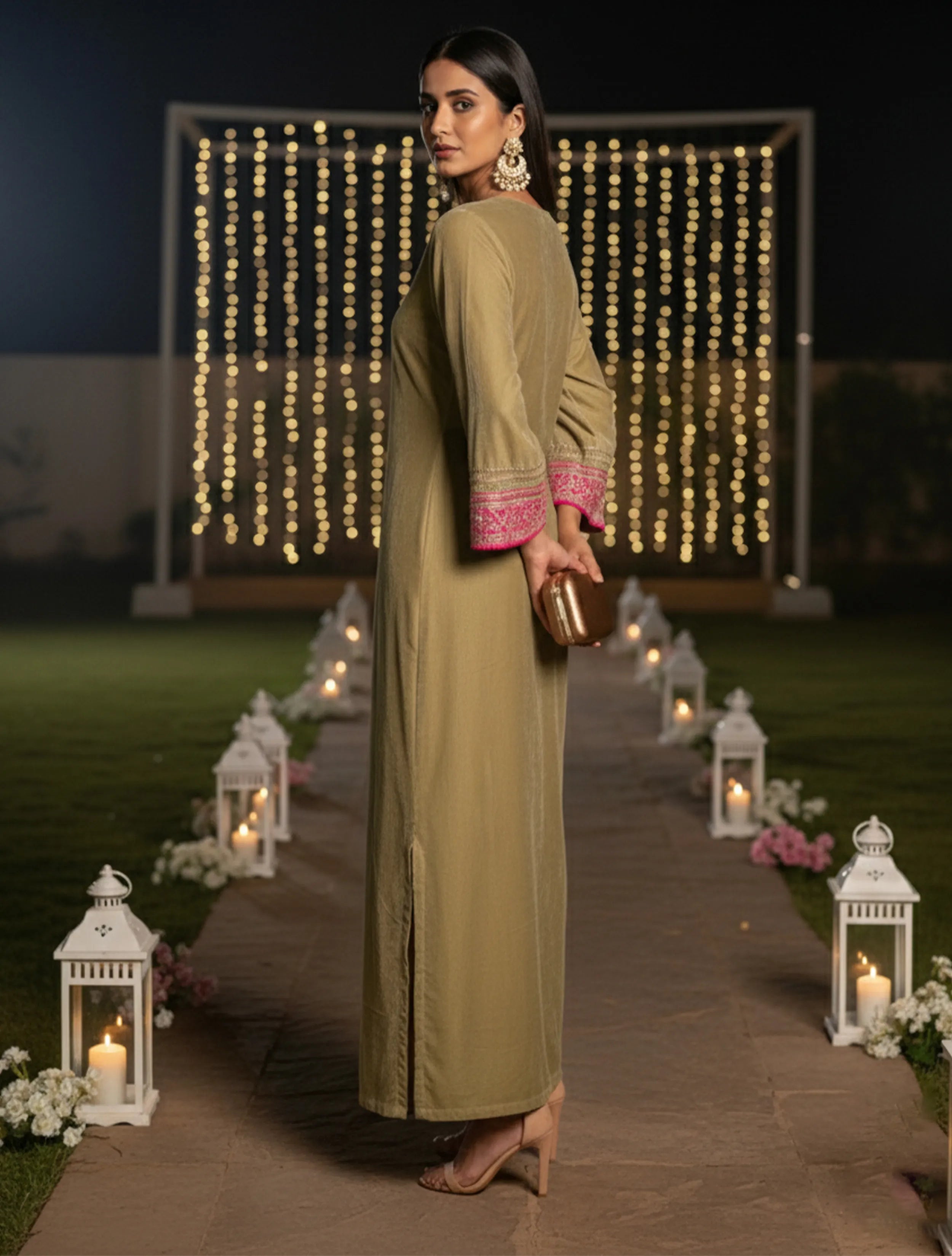 trueBrowns Green Bell Sleeves Velvet Dress