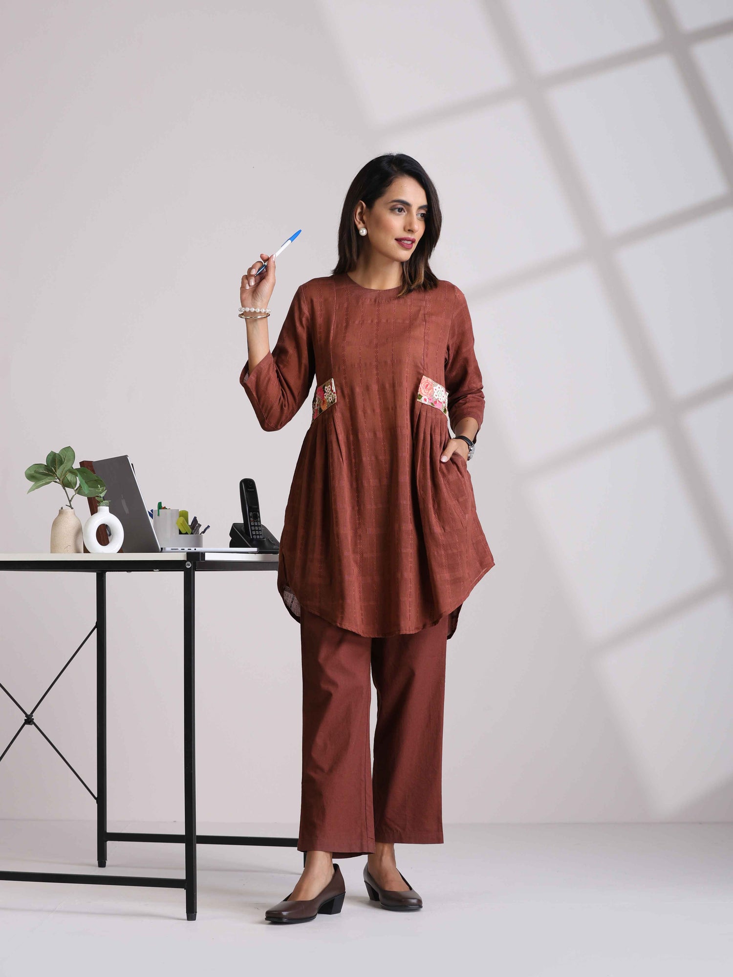 trueBrowns Brown Cotton Dobby Co-ord set