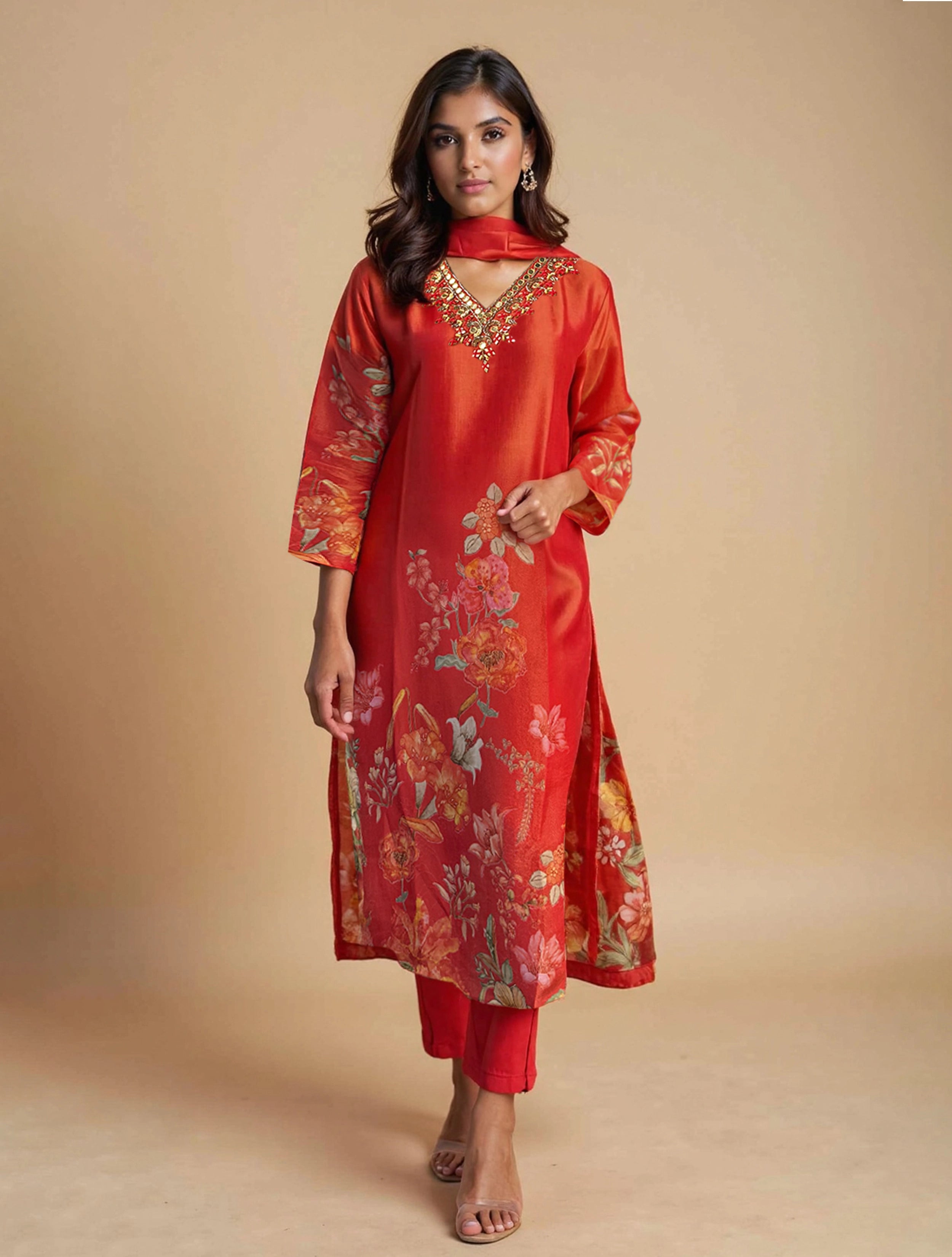 trueBrowns Orange Printed Straight Kurta Pant Dupatta Set