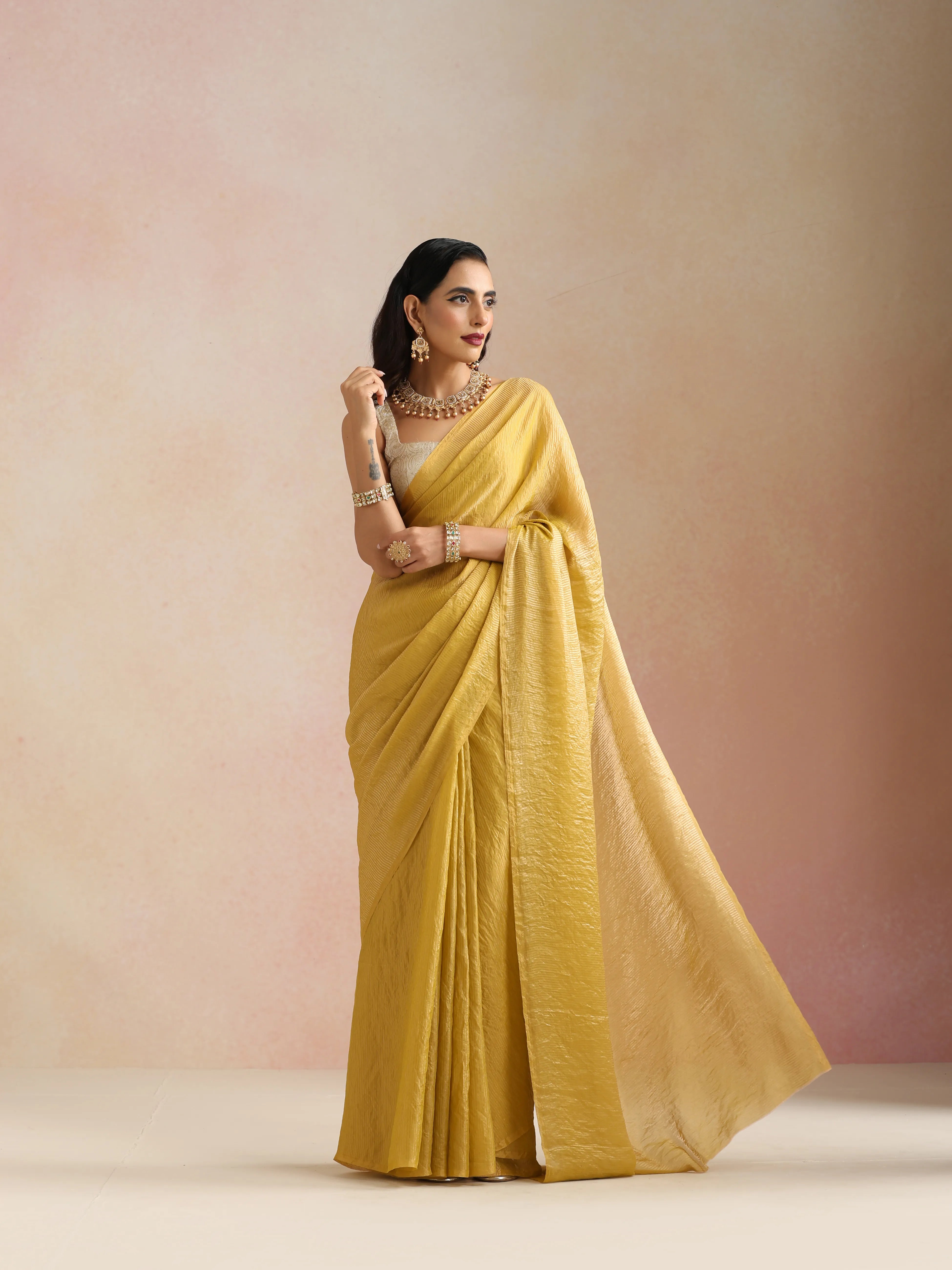 trueBrowns Mustard Tissue Stripe Saree With Unstitched Blouse