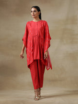 Red Bandhani Printed Silk Kaftan Gathered Co-Ord Set