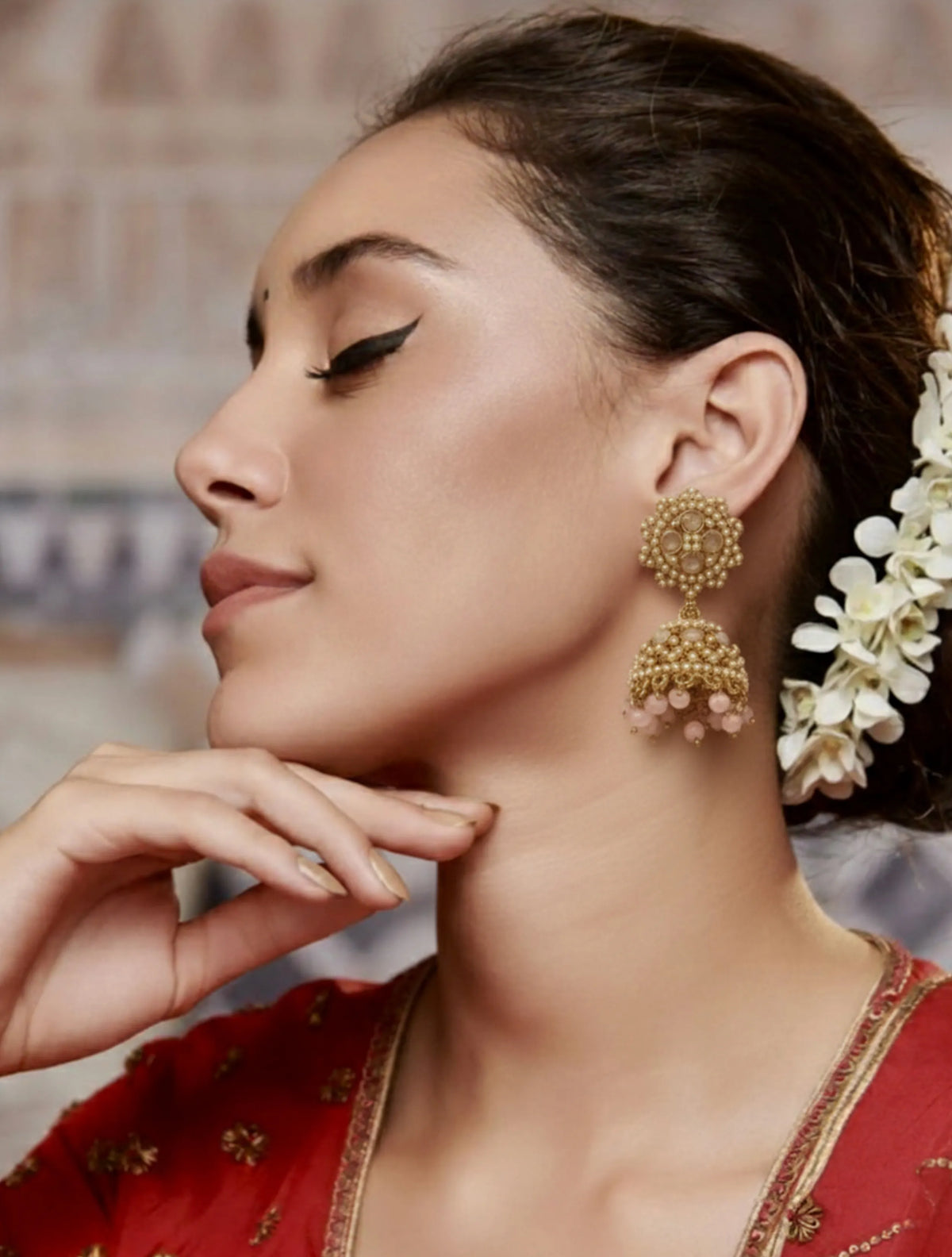 trueBrowns Classic Pink Pearl Jhumkas
