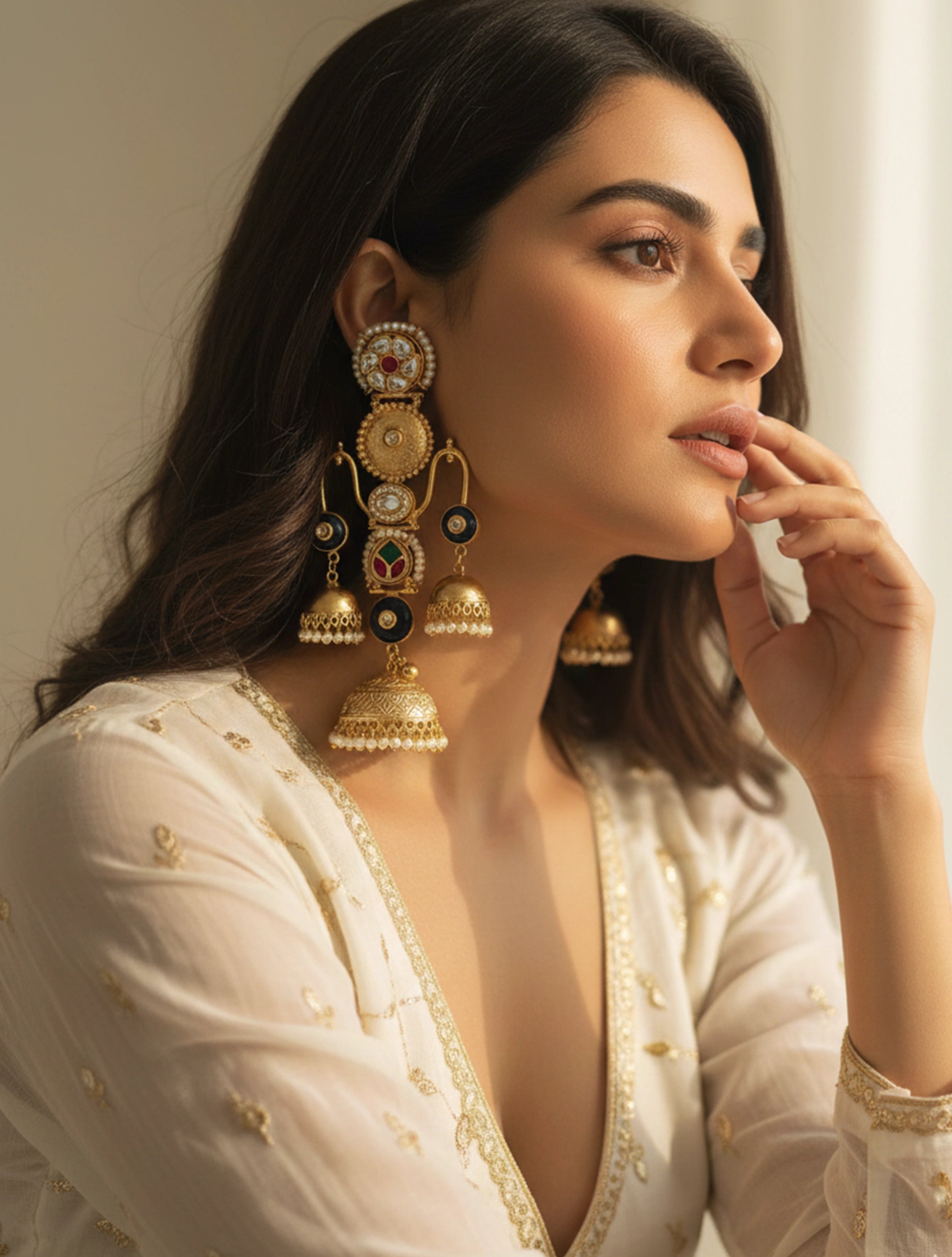 trueBrowns Kashmiri Navy Kundan Pearl Earrings