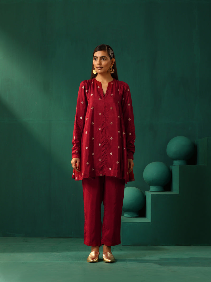 trueBrowns Maroon Diamond Viscose Silk Co-ord Set