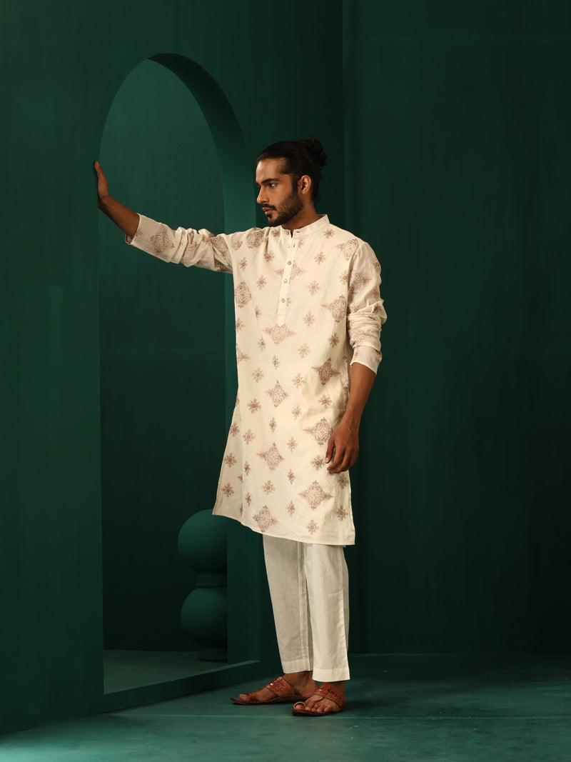 trueBrowns Men Ivory Peach Embroidered Kurta