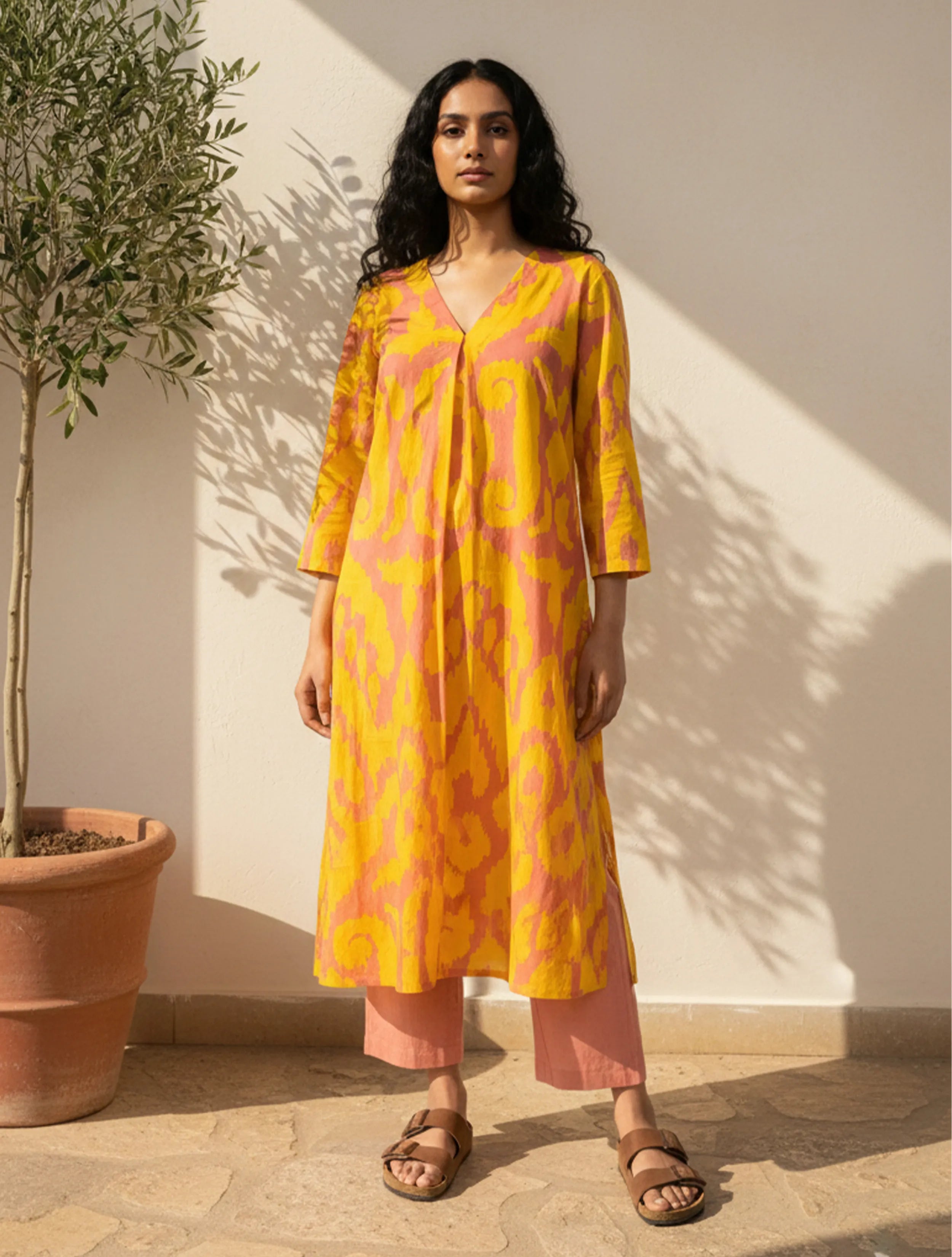 trueBrowns Yellow Peach Ikat Print Cotton Straight Kurta Set