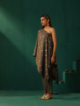 trueBrowns Grey Diamond Viscose Silk One-Shoulder Kurta Pant Set