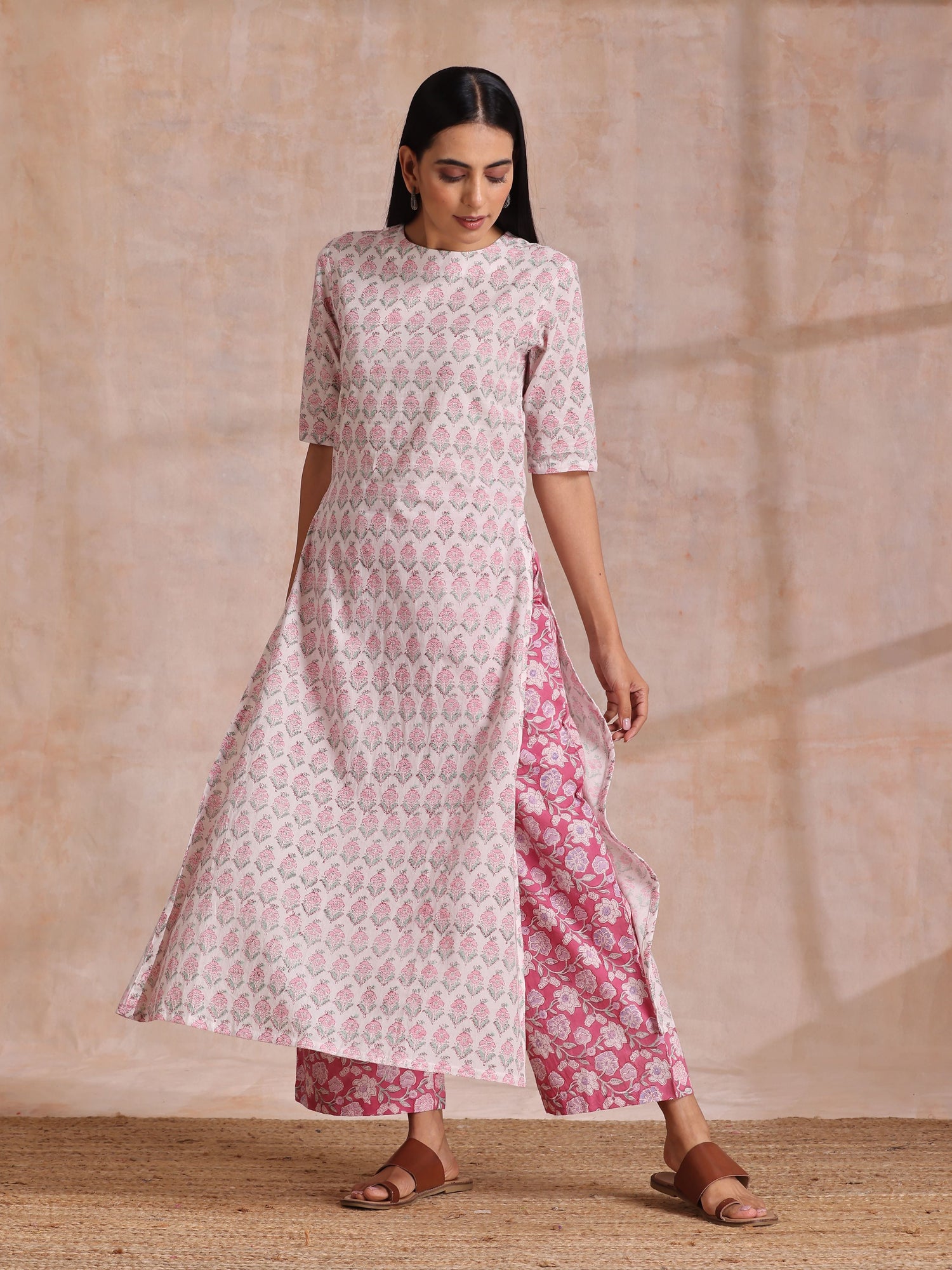 Pink Green Floral On White Block Print Cotton Slit Kurta Pant Set