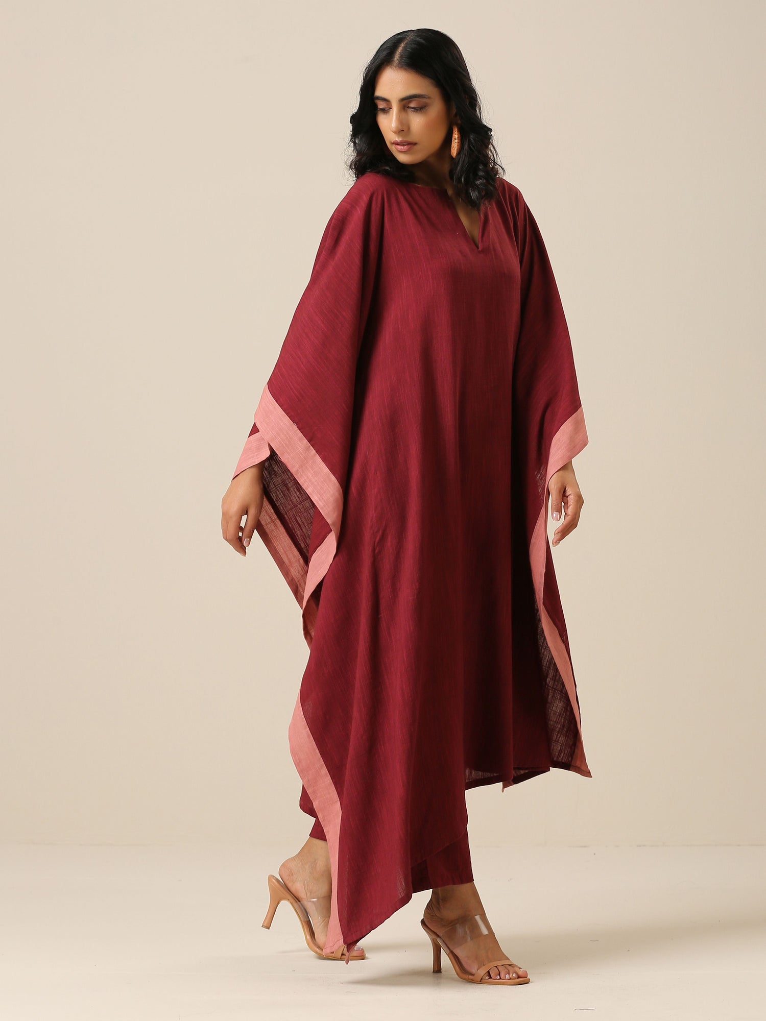 Ruby Wine Slub Texture High Low Kaftan Pant Set