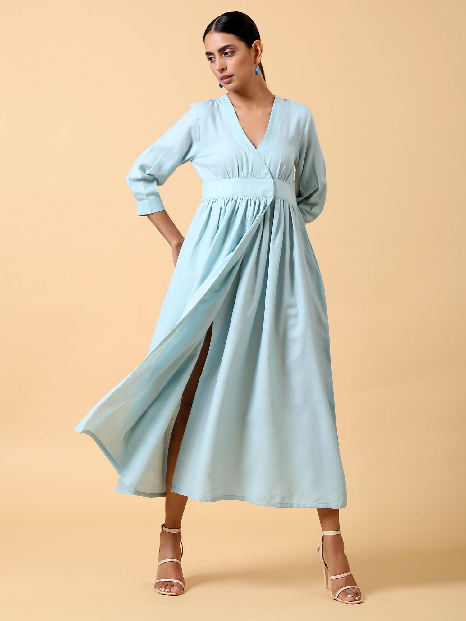 Cotton Linen Light Blue Wrap Dress - trueBrowns