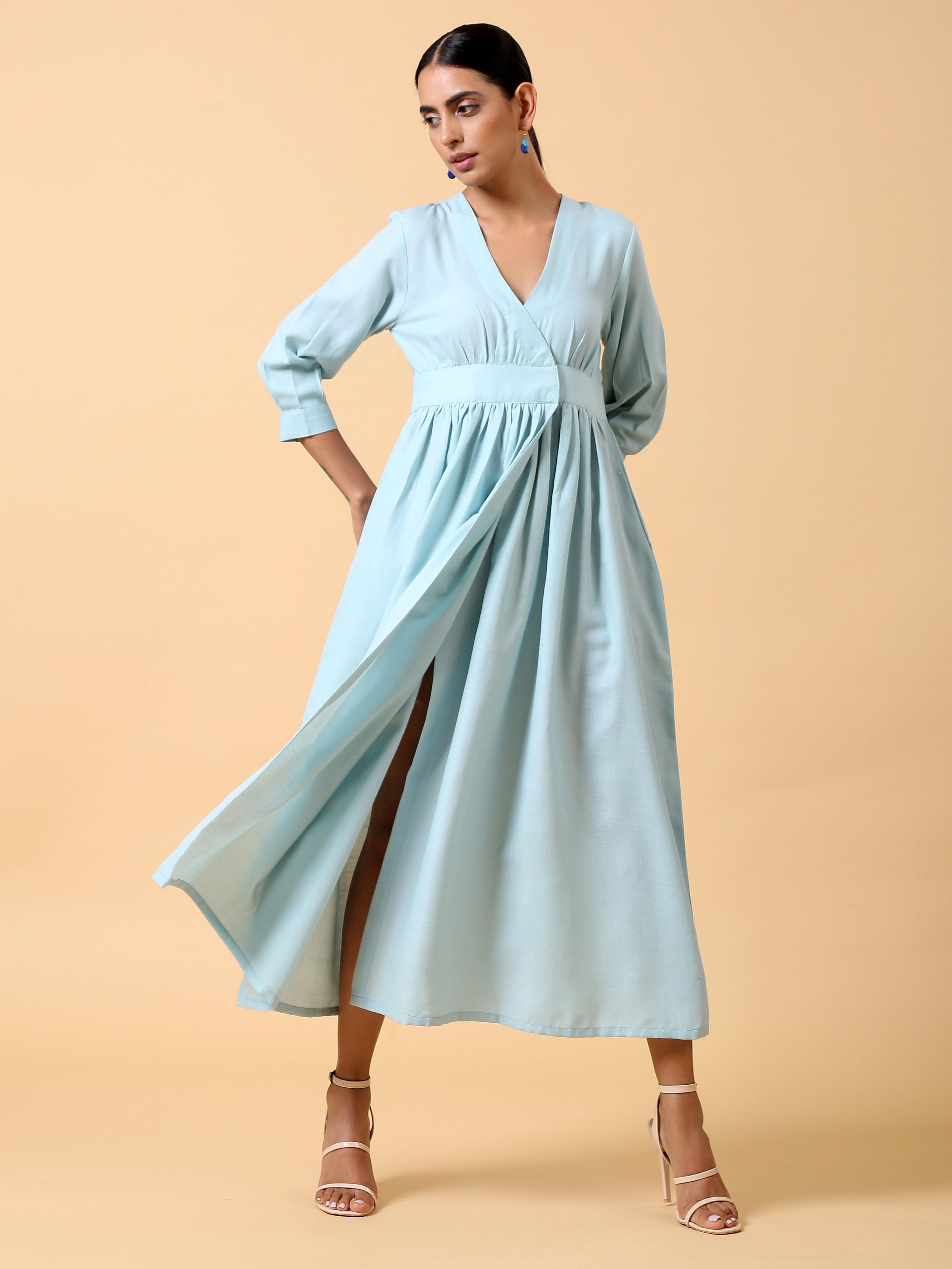 Cotton Linen Light Blue Wrap Dress - trueBrowns