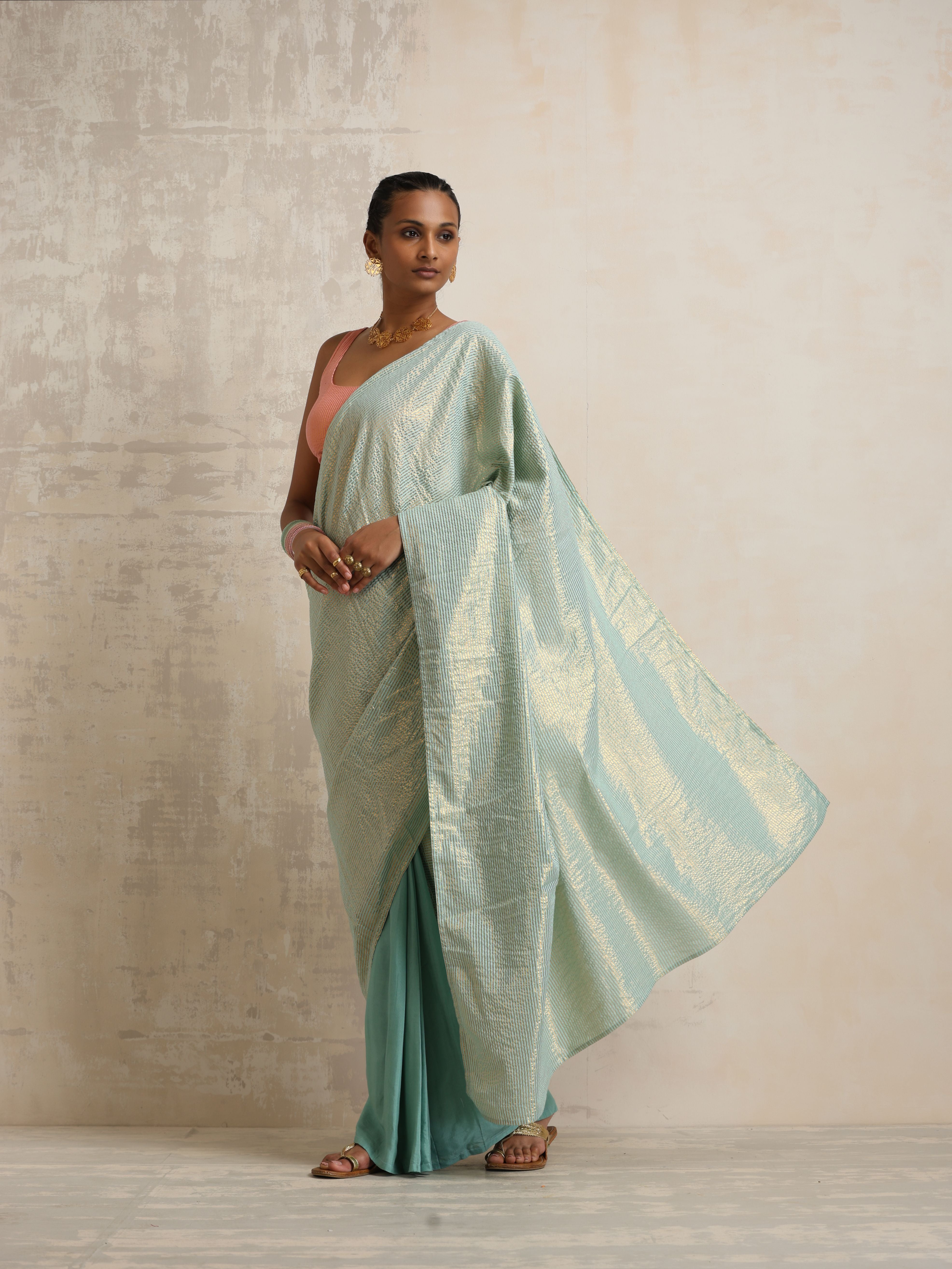 trueBrowns Blue Gold Lurex Ready To Wear Saree