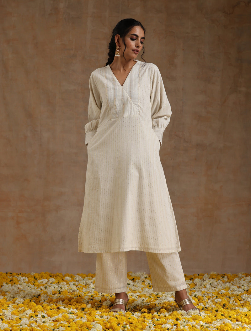 Ivory Gold Cotton Overlap Yoke Kurta Set